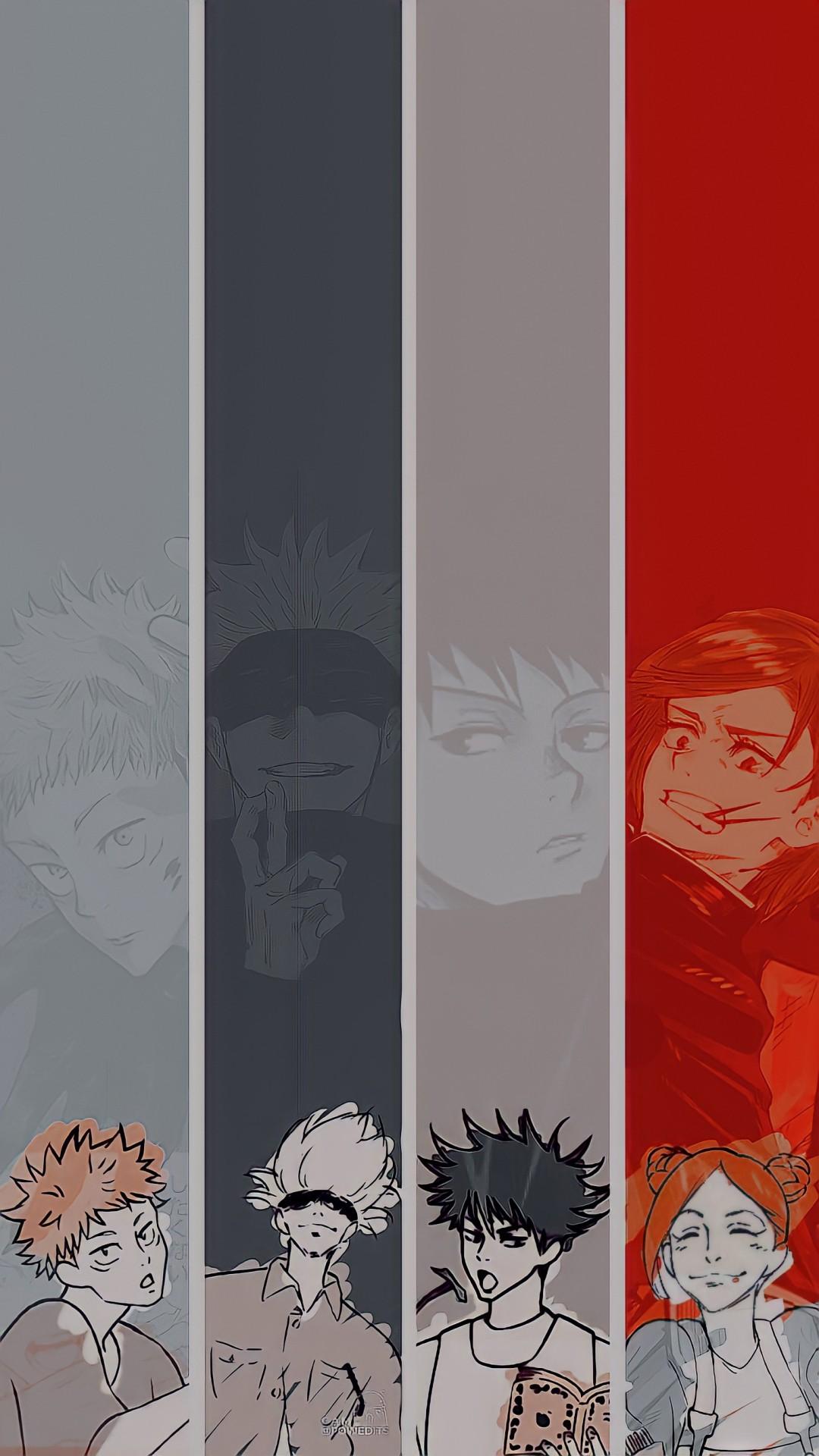 Jujutsu Kaisen, Streifen, Charaktere, Grau, Rot, Full HD, Hintergrundbild fürs Handy