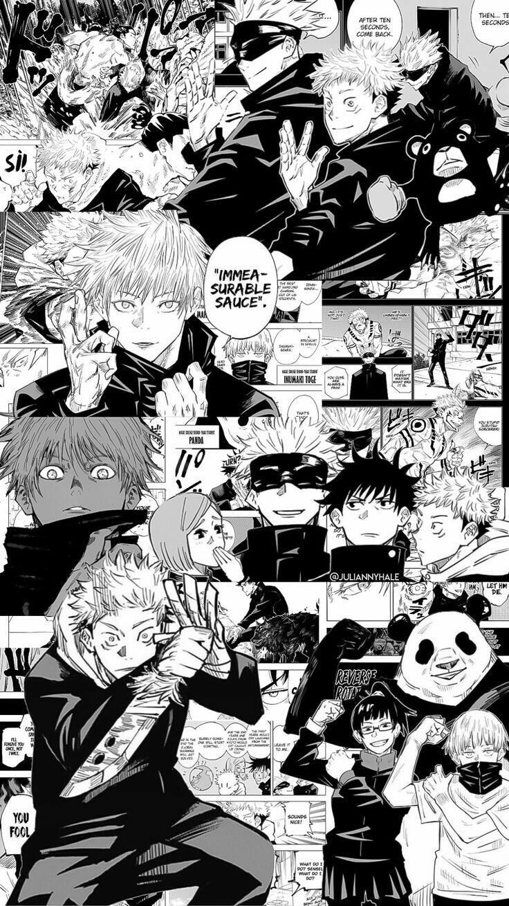 Jujutsu Kaisen, Manga-Panels, Schwarz-Weiß, Collage, Panda, HD, iPhone-Hintergrundbild