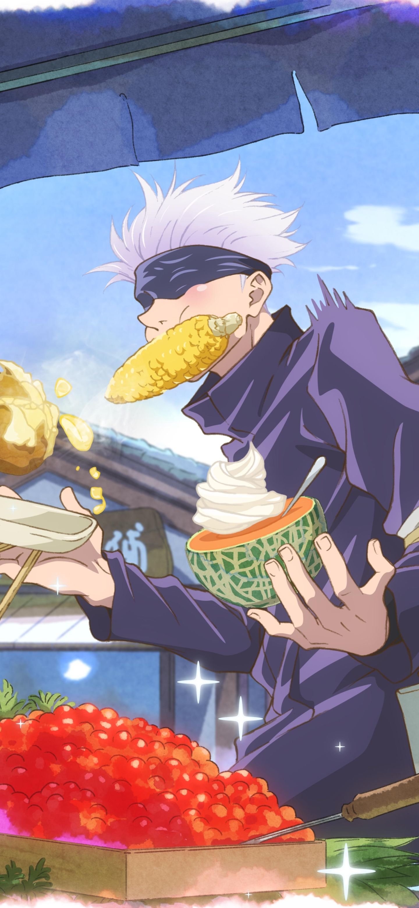Satoru Gojo, Jujutsu Kaisen, Essen, Augenbinde, Anime, QHD+, Hintergrundbild fürs Handy