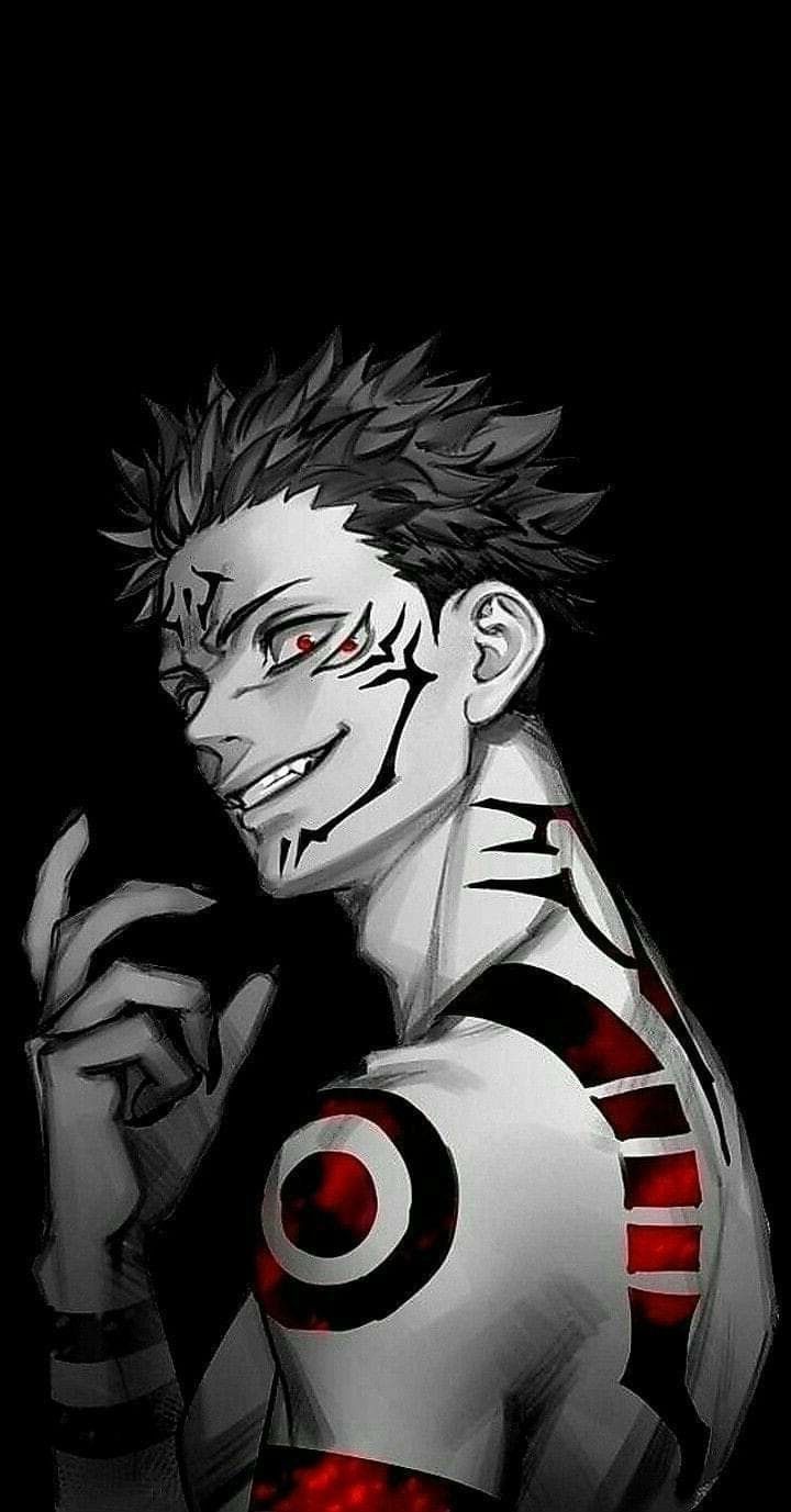 Ryomen Sukuna, Jujutsu Kaisen, Tattoos, Schwarz-Weiß, Grinsen, HD, Handy-Hintergrund