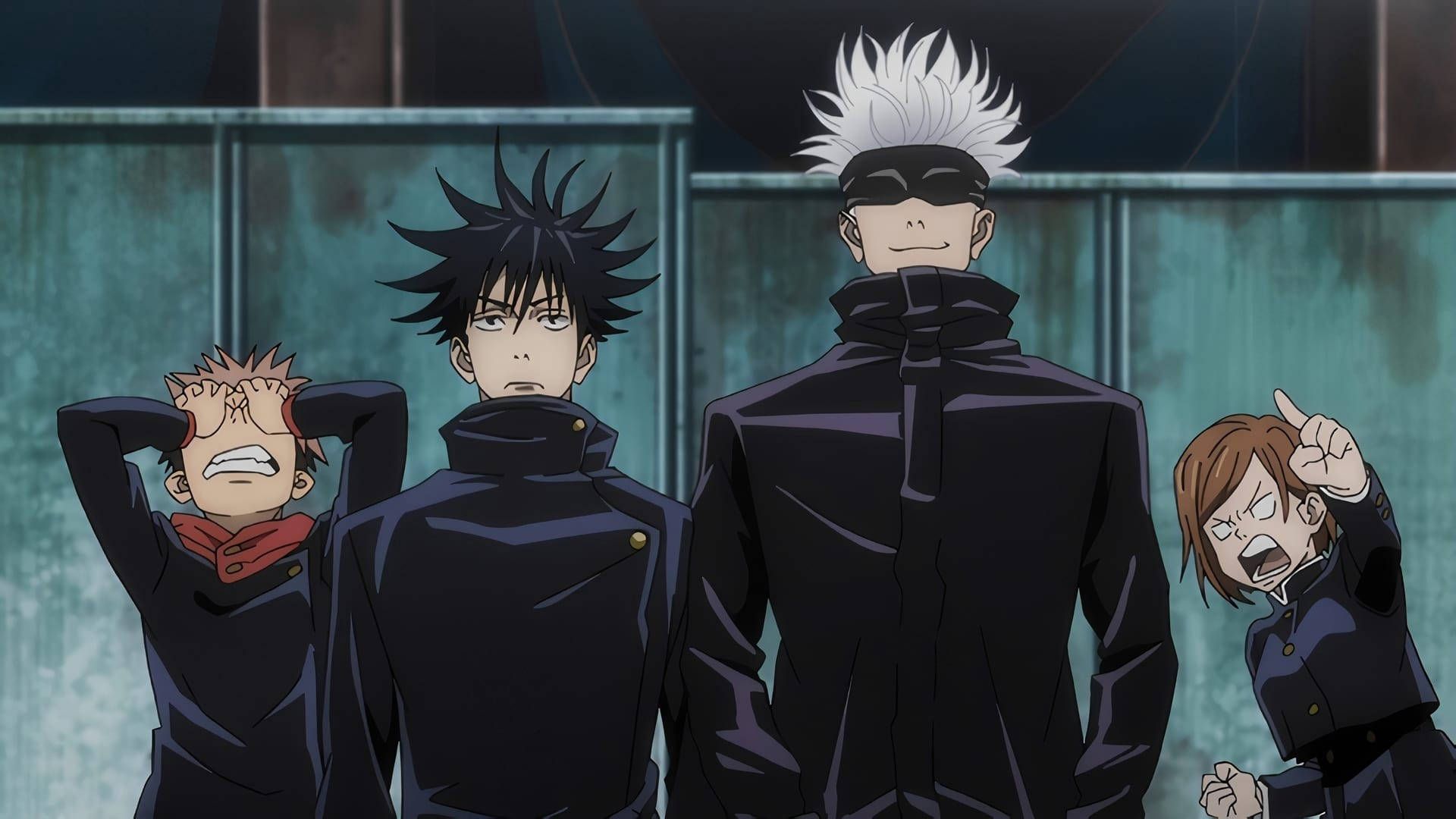 Jujutsu Kaisen, Yuji Itadori, Megumi Fushiguro, Satoru Gojo, Nobara Kugisaki, Anime-Szene, Full-HD-Hintergrundbild