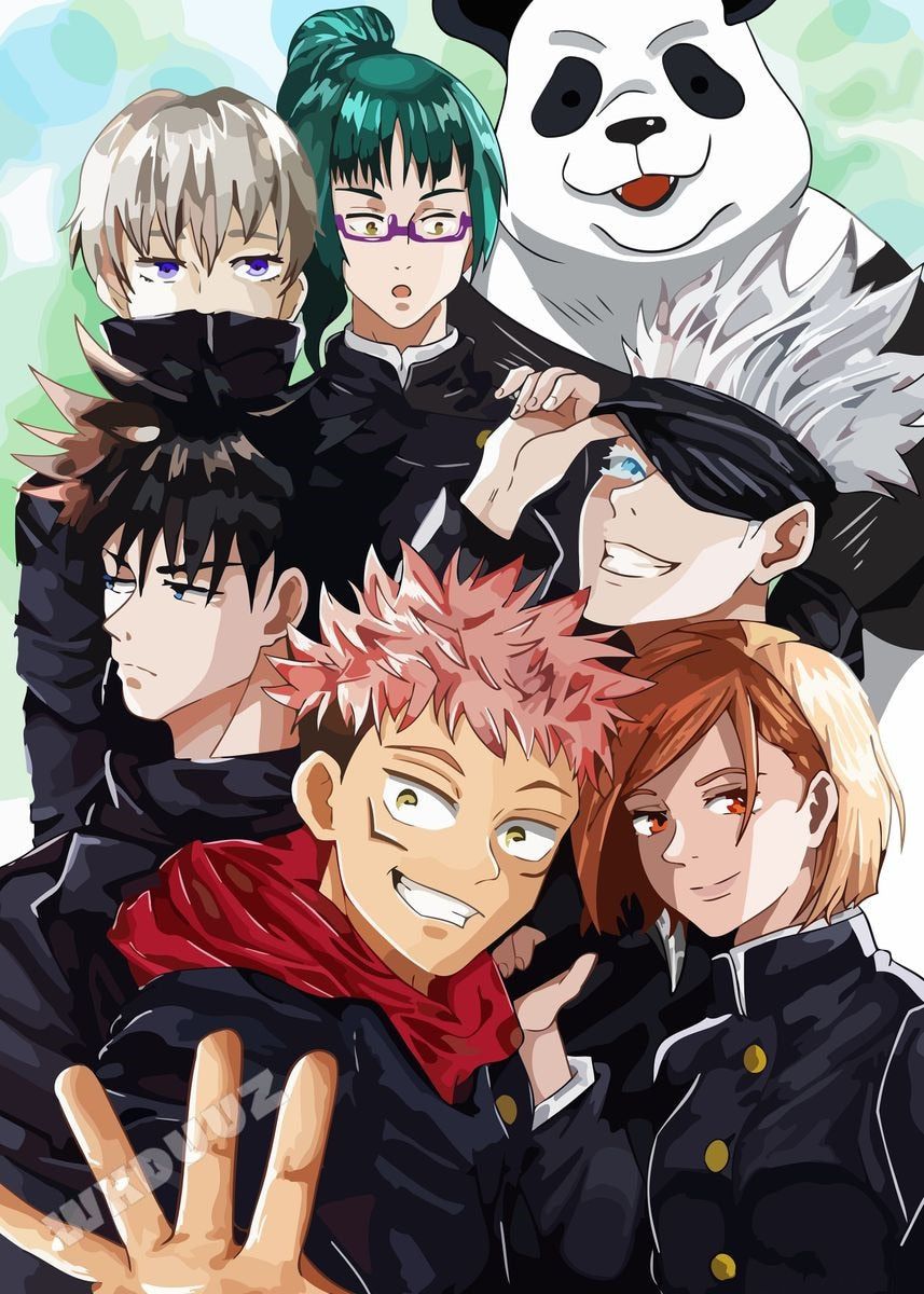 Jujutsu Kaisen, Maki Zenin, Panda, Toge Inumaki, Megumi Fushiguro, Yuji Itadori, Nobara Kugisaki, Tablet-Hintergrundbild