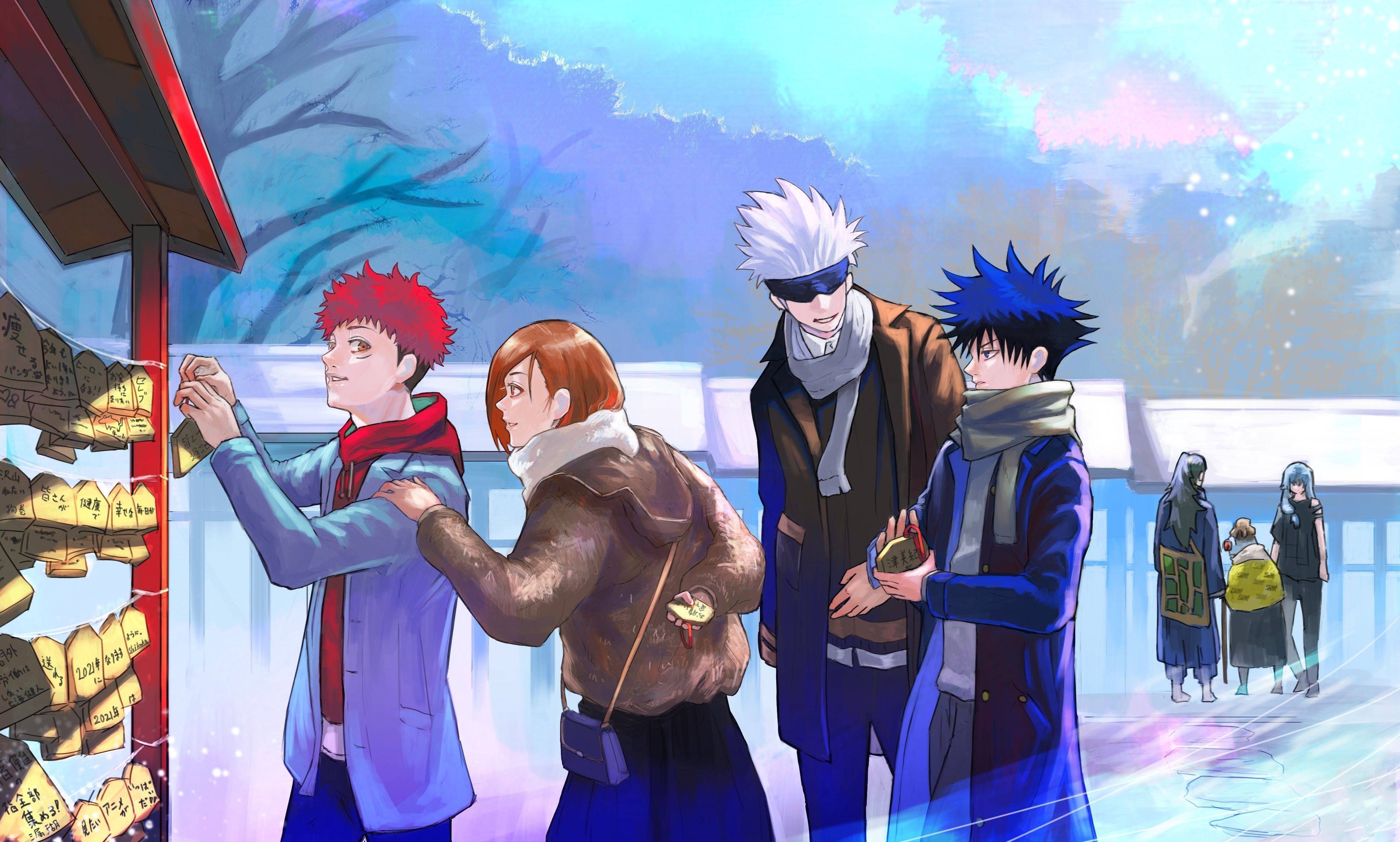 Jujutsu Kaisen, Yuji Itadori, Satoru Gojo, Megumi Fushiguro, Nobara Kugisaki, Winter, Schrein, 4K-Desktop-Hintergrund