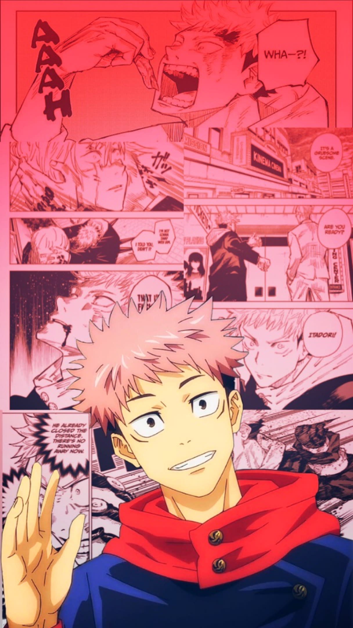 Yuji Itadori, Jujutsu Kaisen, Manga-Panels, Rot, Winken, Full HD, iPhone-Hintergrundbild