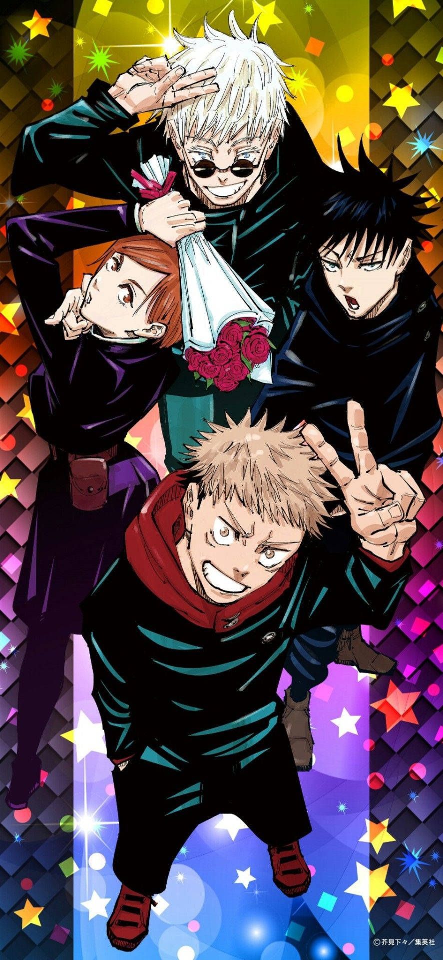 Jujutsu Kaisen, Satoru Gojo, Yuji Itadori, Megumi Fushiguro, Nobara Kugisaki, Sterne, Smartphone-Hintergrund