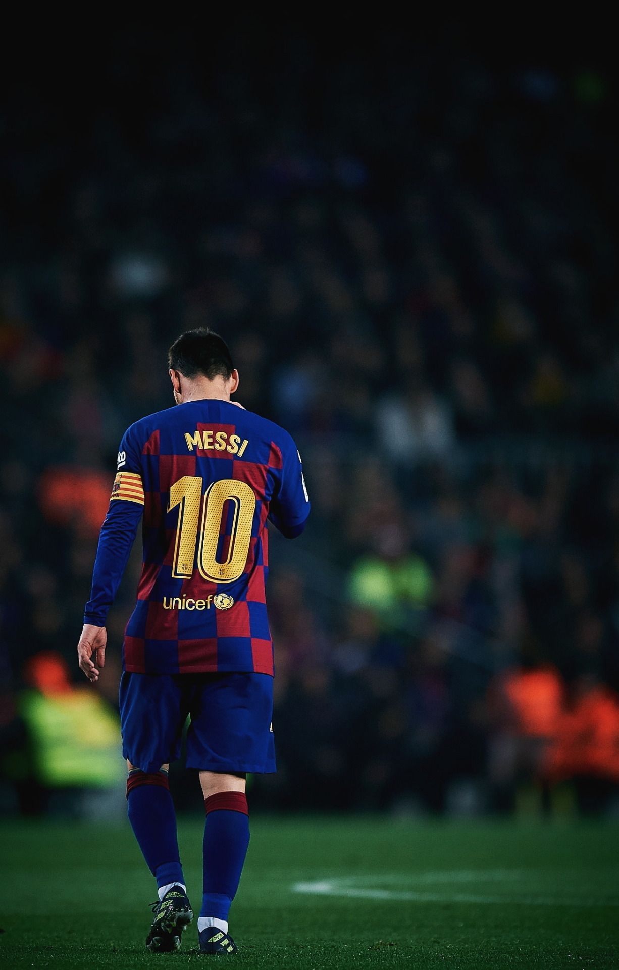 Lionel Messi, FC Barcelona, Rückennummer 10, Rückansicht, Stadion, Nacht, Full HD, iPhone-Hintergrundbild