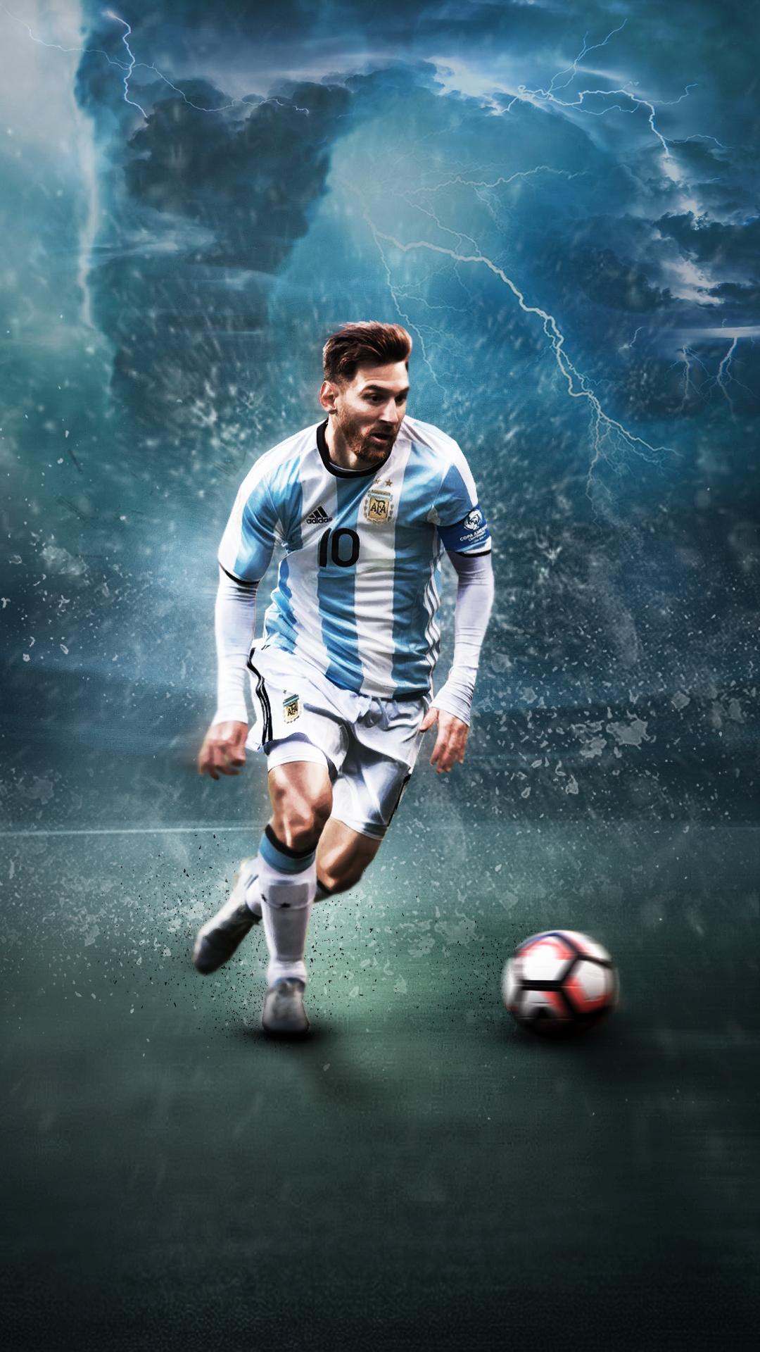 Lionel Messi, Argentinische Nationalmannschaft, Dribbling, Fußball, Gewitter, Full-HD-Handy-Hintergrundbild