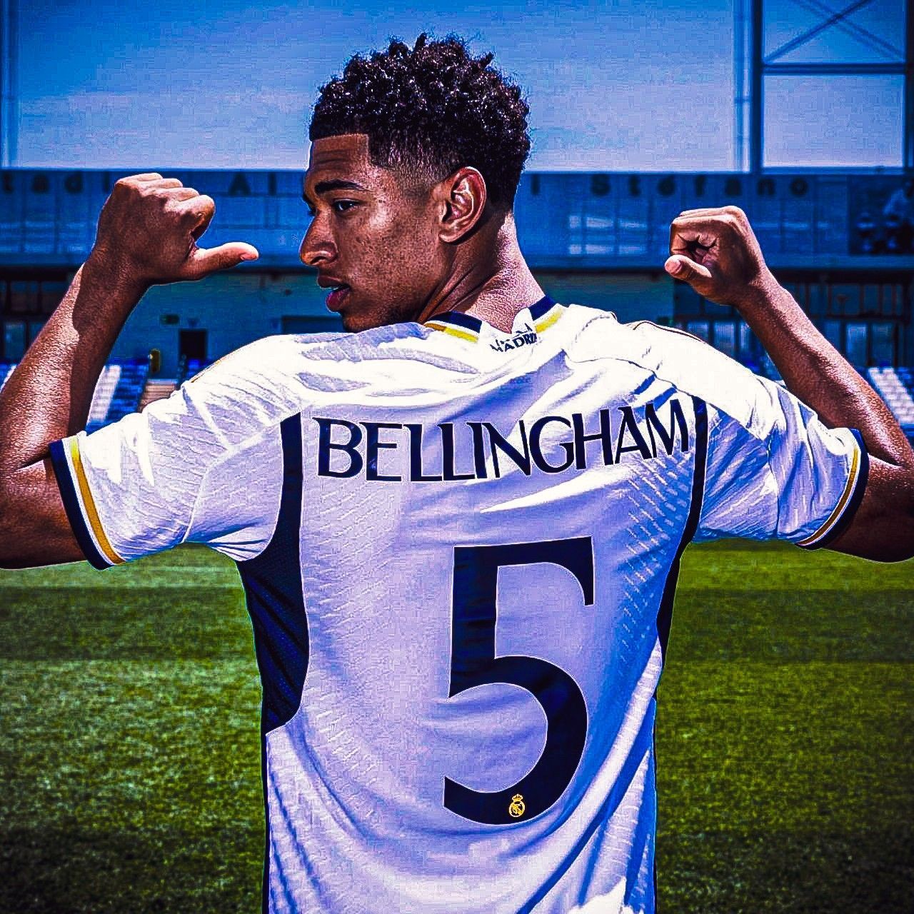 Jude Bellingham, Real Madrid, Rückennummer 5, Rückansicht, Daumen, Blau, HD, Tablet-Hintergrund