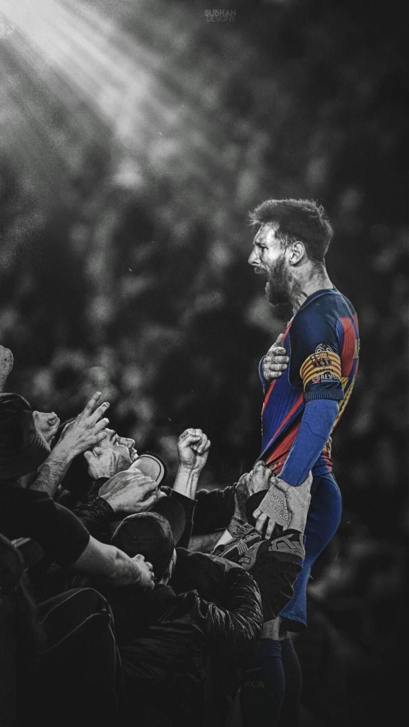 Lionel Messi, FC Barcelona, Schwarz-Weiß, Lichtstrahlen, Stadion, HD, Handy-Hintergrundbild