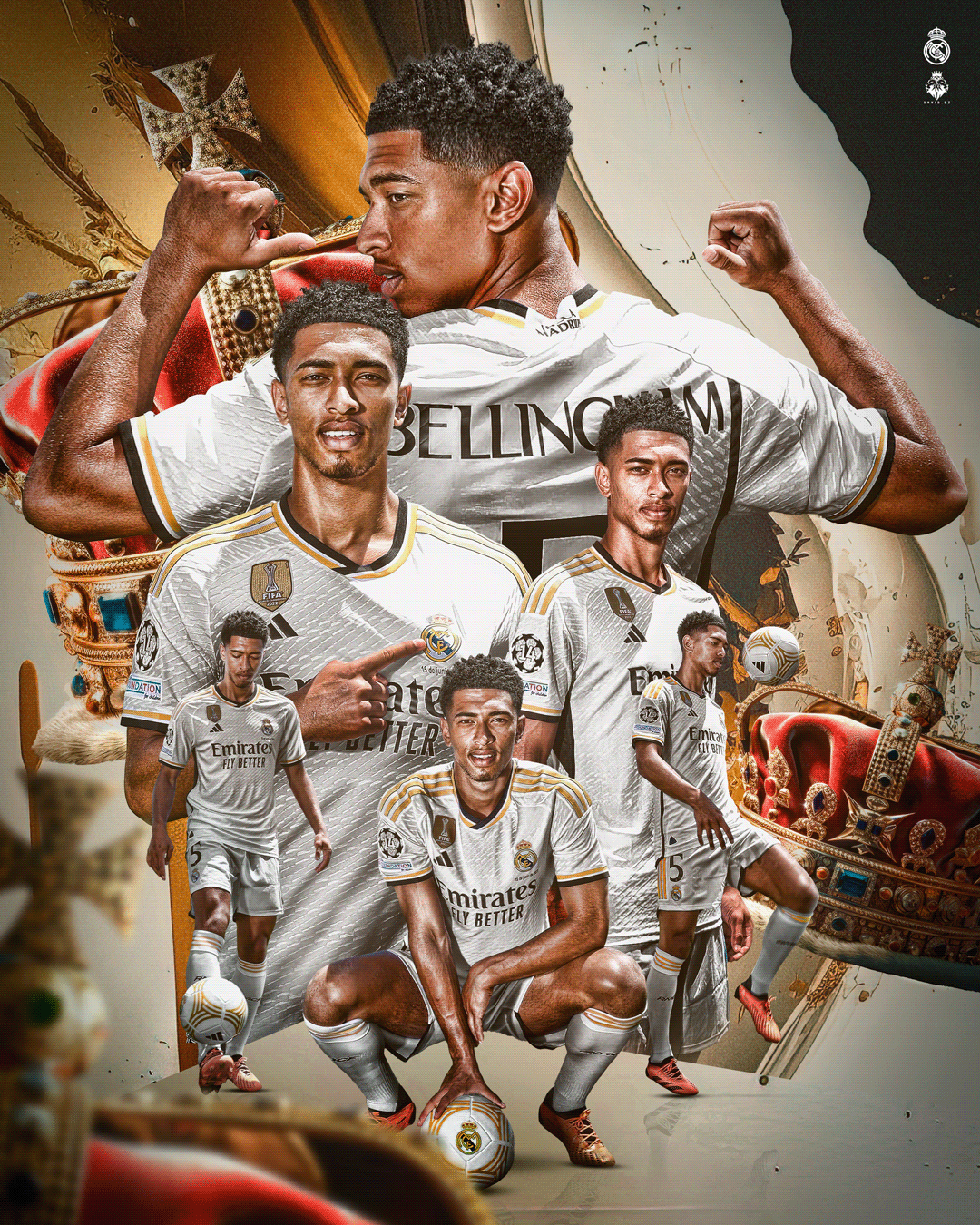 Jude Bellingham, Real Madrid, Collage, Krone, Digitale Kunst, Hintergrundbild fürs Tablet