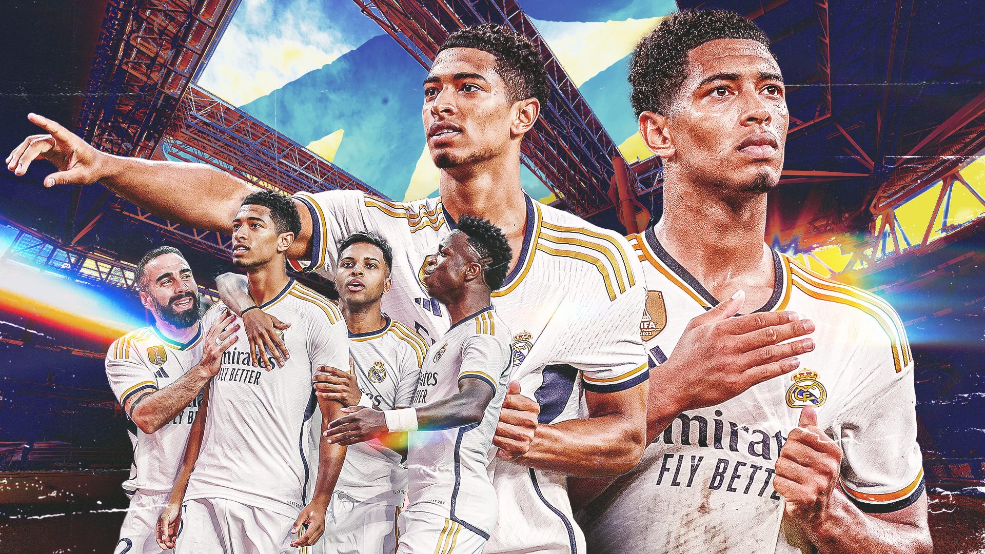 Jude Bellingham, Real Madrid, Mitspieler, Collage, Torjubel, Grafikdesign, Full HD, Breitbild-Hintergrundbild