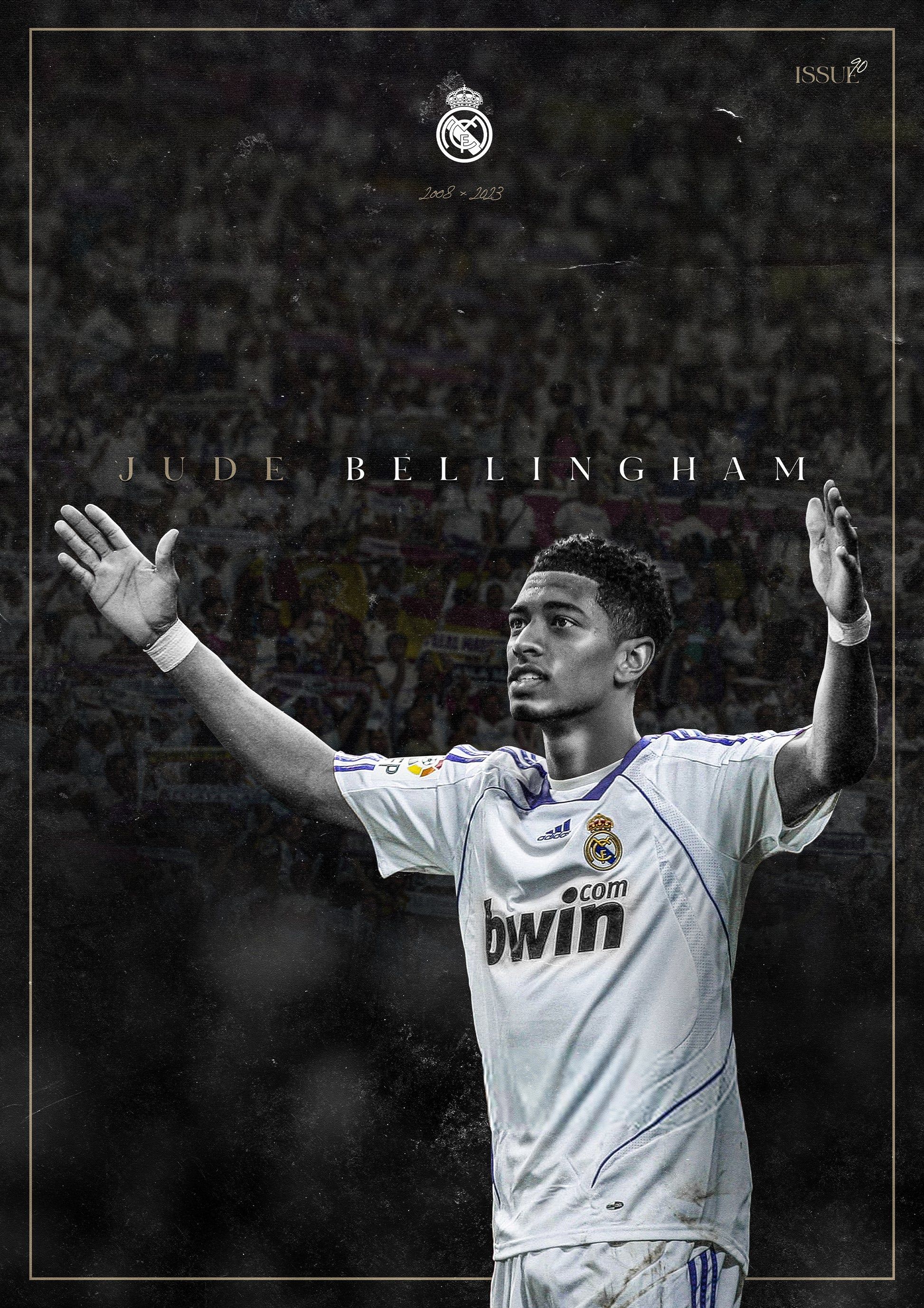 Jude Bellingham, Real Madrid, Ausgebreitete Arme, Schwarz-Weiß, Poster, QHD+, iPad-Hintergrundbild