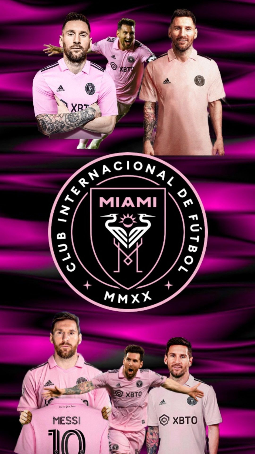 Lionel Messi, Inter Miami, Vereinswappen, Rosa, Collage, Full HD, iPhone-Hintergrundbild