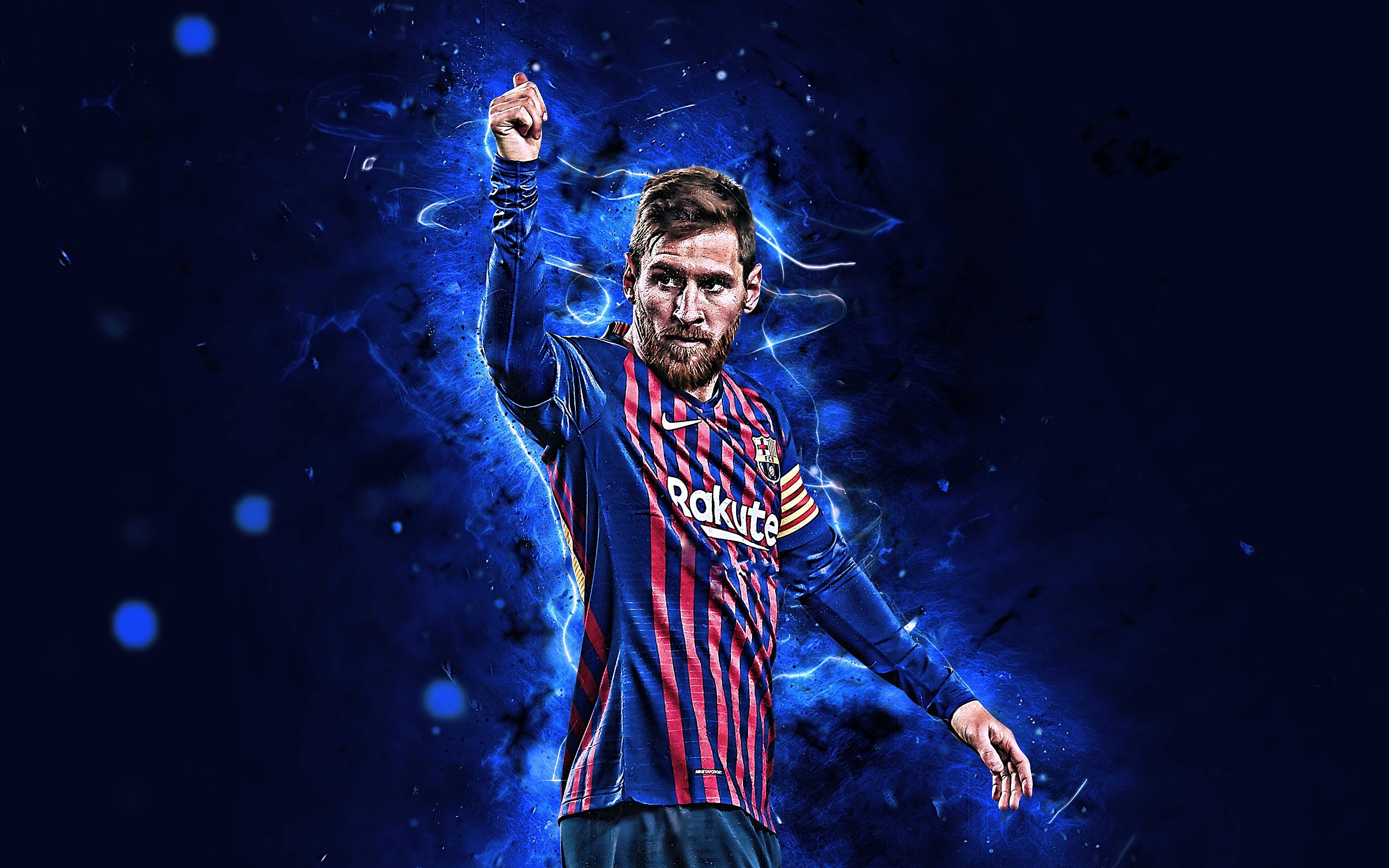 Lionel Messi, FC Barcelona, Torjubel, Neon, Blau, 4K, Hintergrund für den Desktop