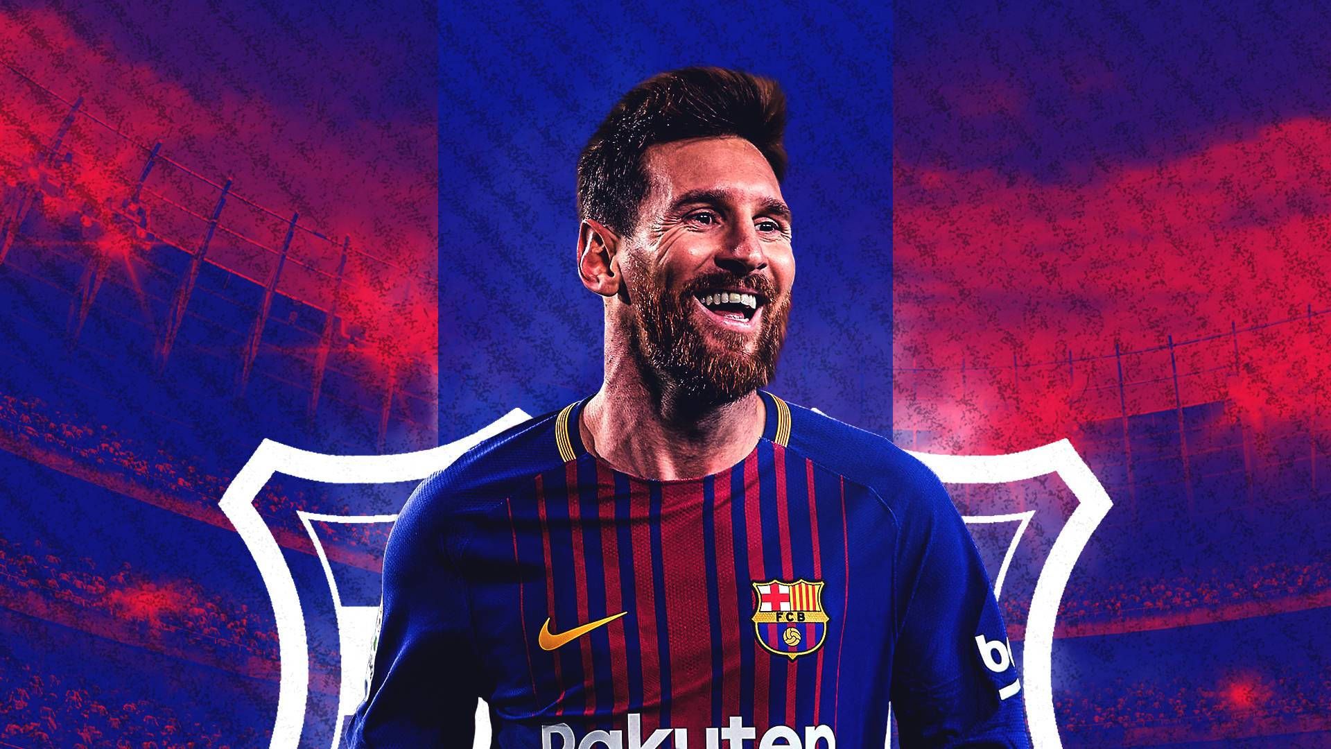 Lionel Messi, FC Barcelona, Vereinswappen, Lächeln, Poster, Blau, Full-HD-Hintergrundbild für PC