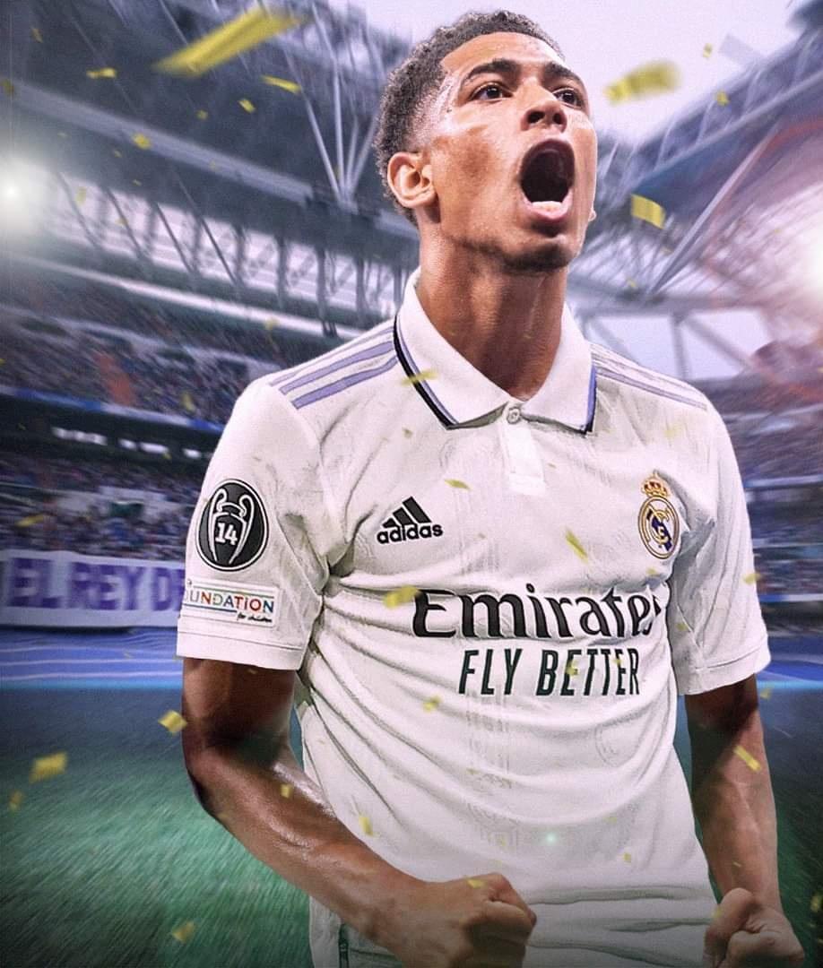 Jude Bellingham, Real Madrid, Torschrei, Konfetti, Grafikdesign, Hintergrundbild fürs Tablet