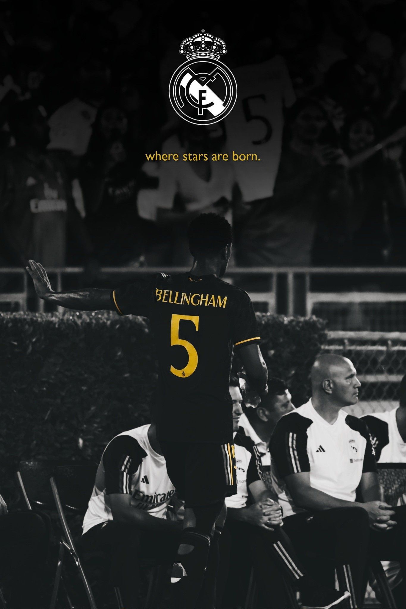 Jude Bellingham, Real Madrid, Rückennummer 5, Vereinswappen, Schwarz, Full HD, iPhone-Hintergrundbild