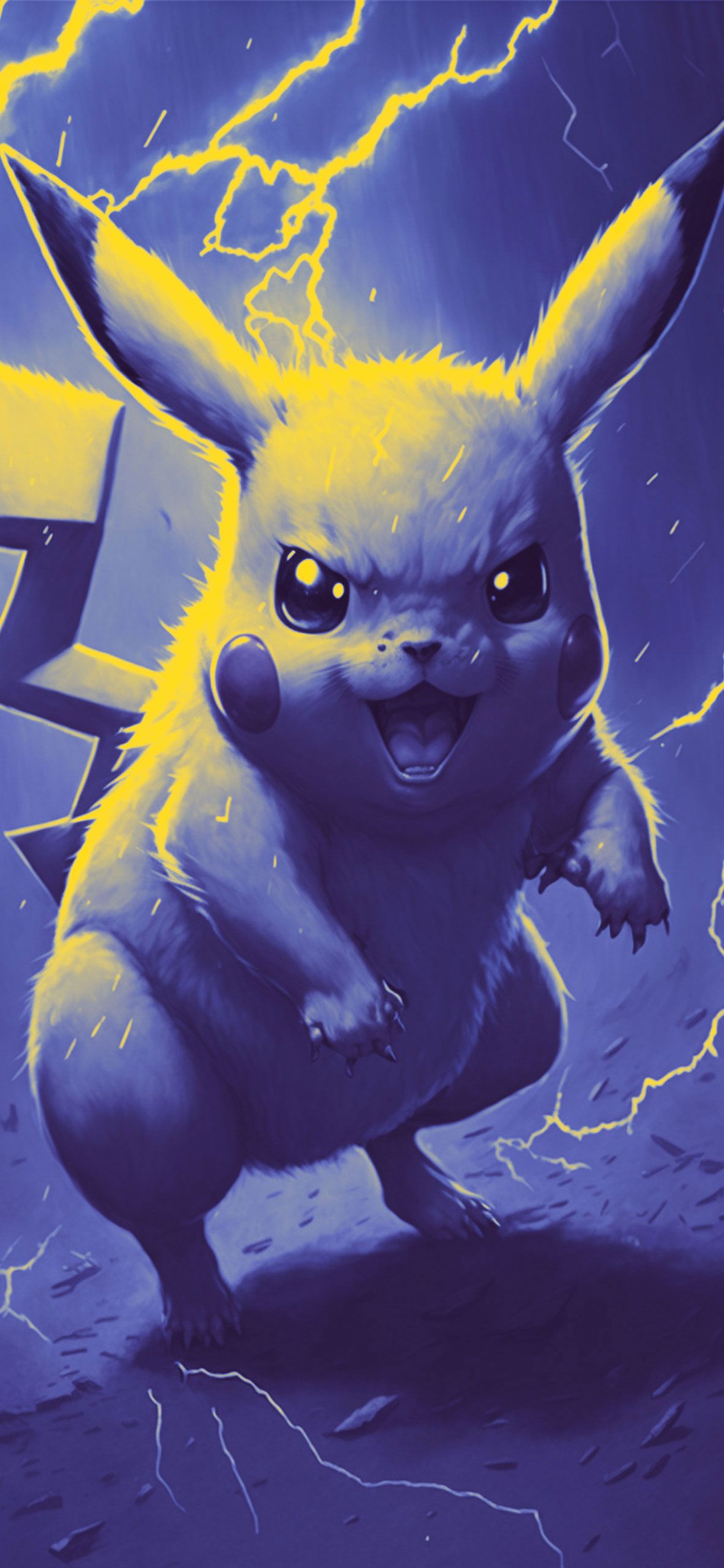 Pikachu, Pokémon, Blitze, Gewitter, Blau, Wütend, Hochformat, Hintergrundbild fürs Smartphone