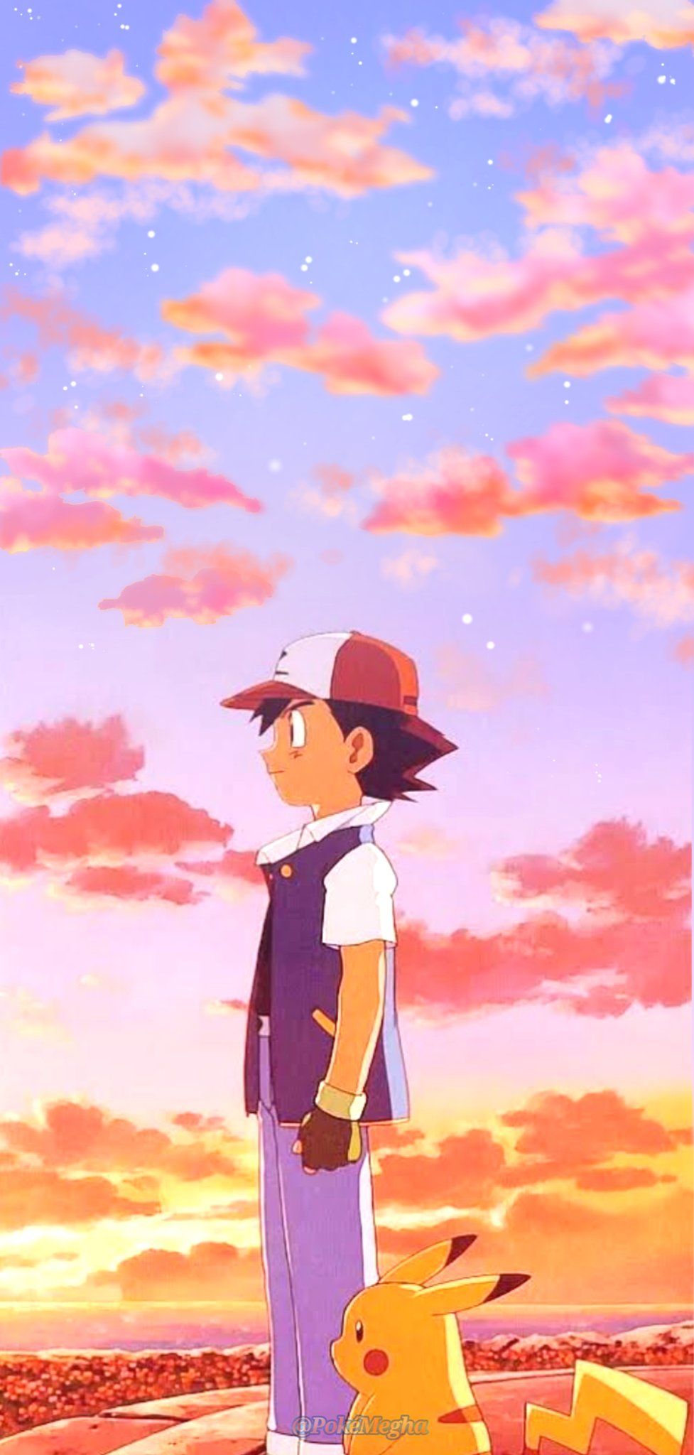 Ash Ketchum, Pikachu, Pokémon, Sonnenuntergang, Rosa Wolken, HD, Handy-Hintergrund