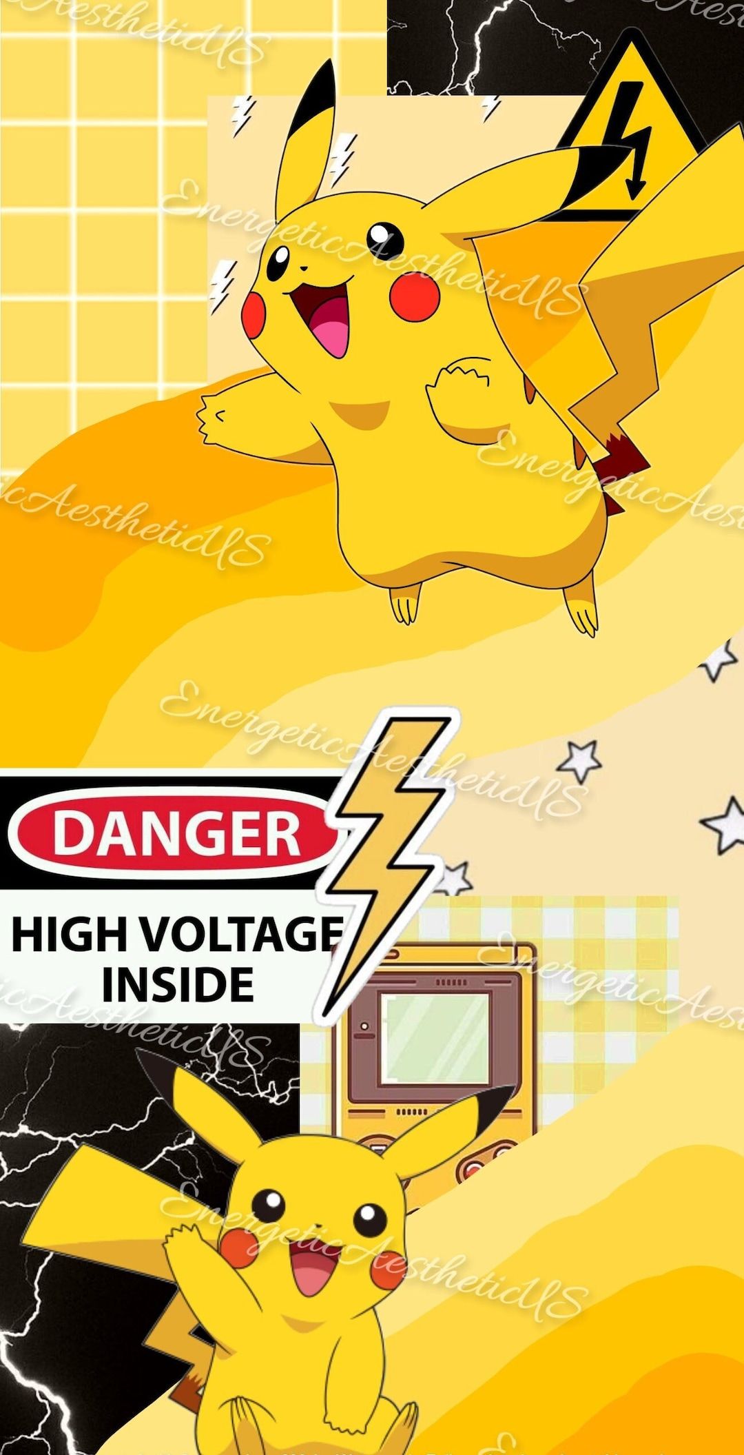 Pikachu, Pokémon, Hochspannung, Warnschild, Collage, Gelb, Android-Hintergrundbild