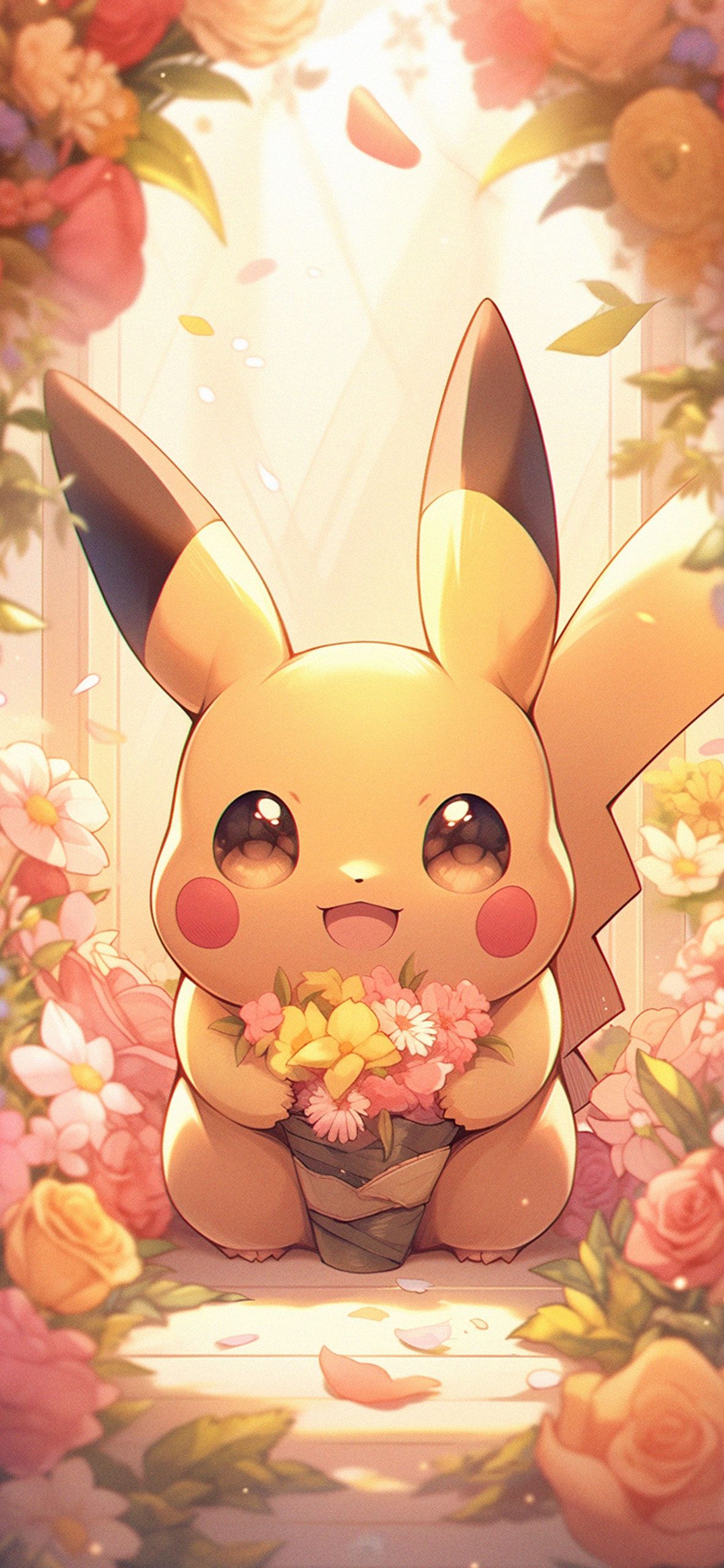 Pikachu, Pokémon, Blumen, Herbstlaub, Niedlich, Full HD, Handy-Hintergrund im Hochformat