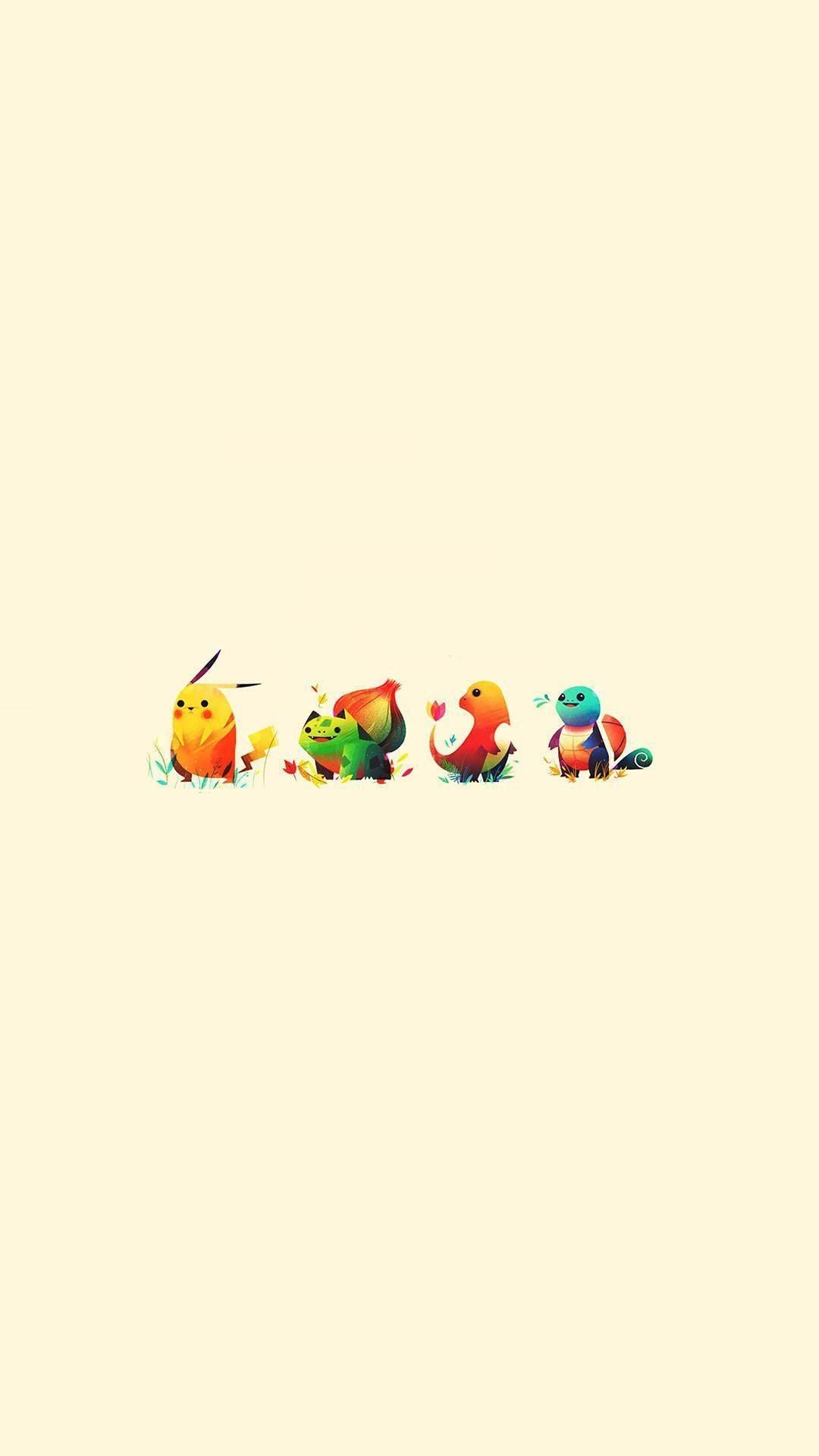 Pikachu, Bisasam, Glumanda, Schiggy, Pokémon, Minimalismus, Full HD, iPhone-Hintergrundbild