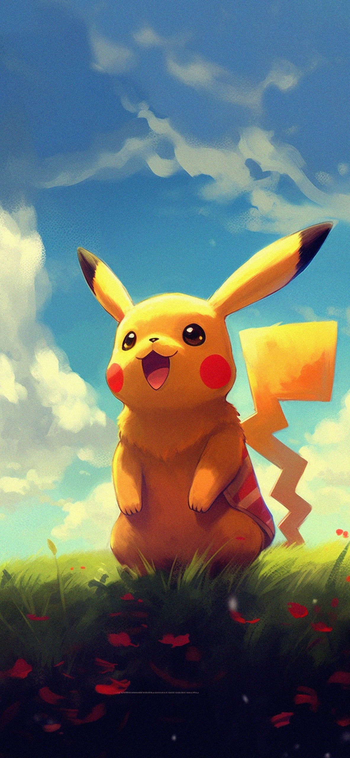 Pikachu, Pokémon, Wiese, Wolken, Gemälde, Full HD, Hintergrundbild fürs Handy