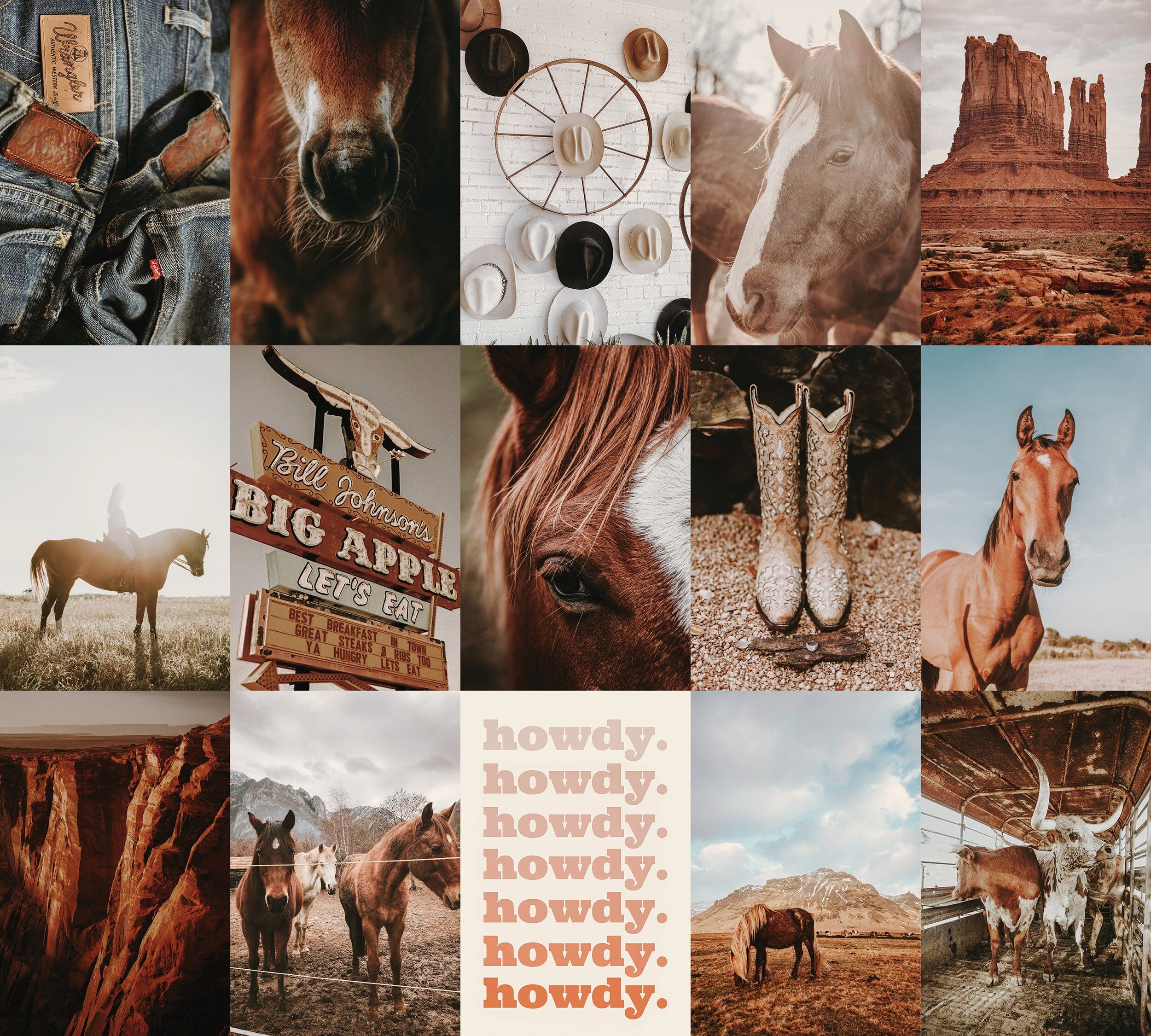 Collage, Western, Howdy, Cowboystiefel, Wüste, Braun, Hintergrundbild für iPad und Tablet