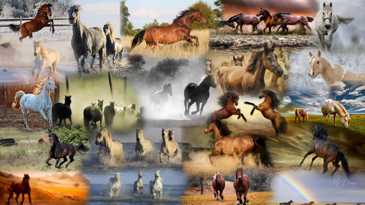 Collage, Pferdeherde, Galopp, Regenbogen, Wildpferde, 16:9, HD-Hintergrundbild für den Desktop