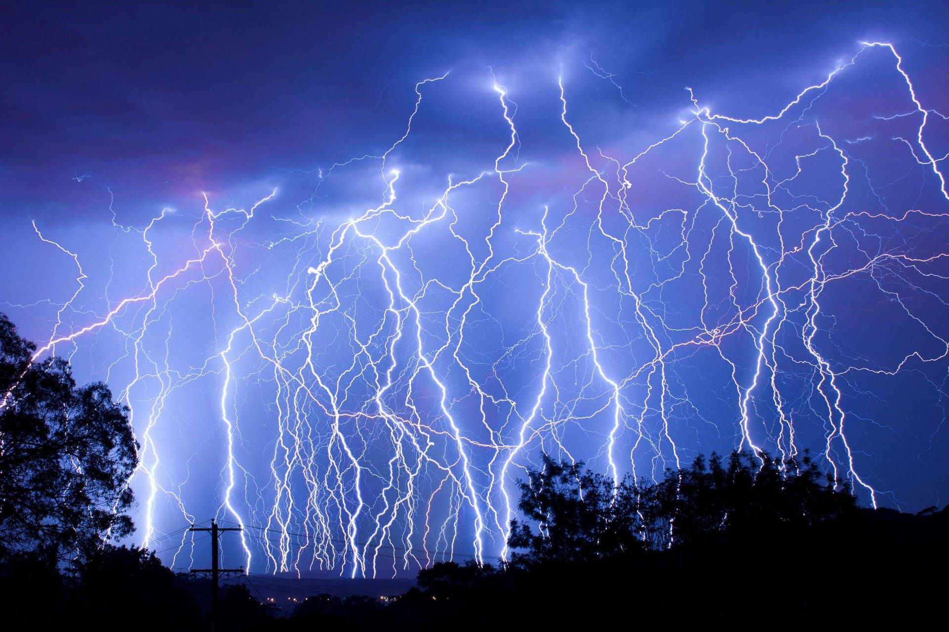 Blitze, Gewitter, Nacht, Bäume Silhouette, Lila Himmel, Naturgewalt, Full-HD-Hintergrundbild für PC