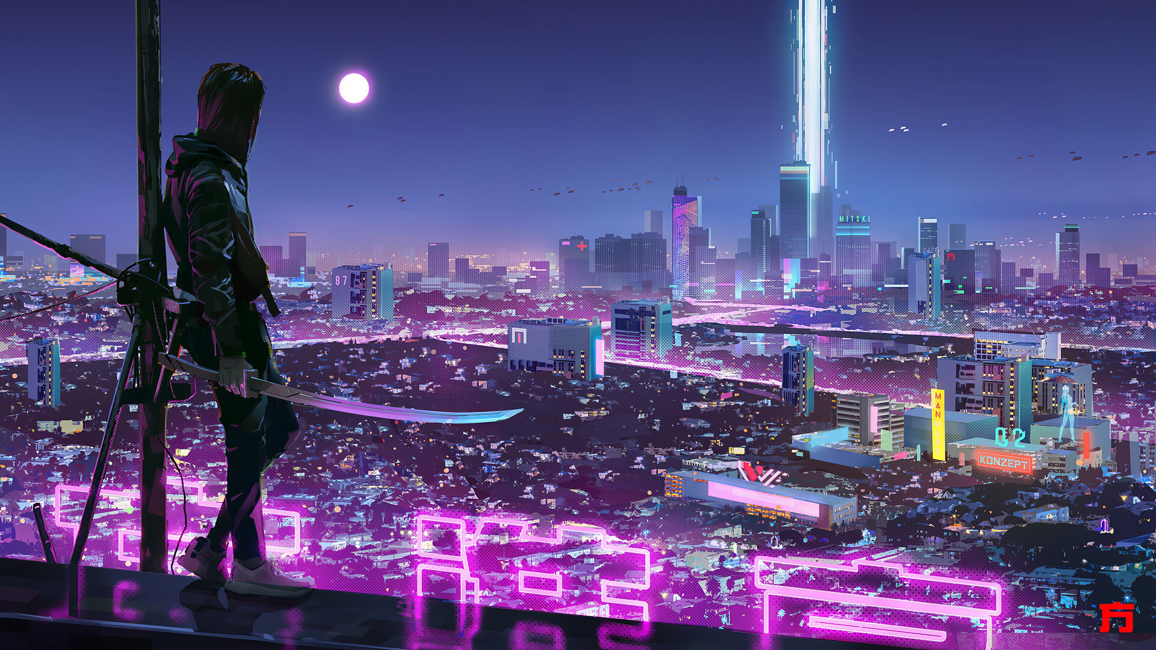 Cyberpunk-Stadt, Ninja, Skyline, Lichtstrahl, Nacht, 4K, Hintergrundbild für den PC