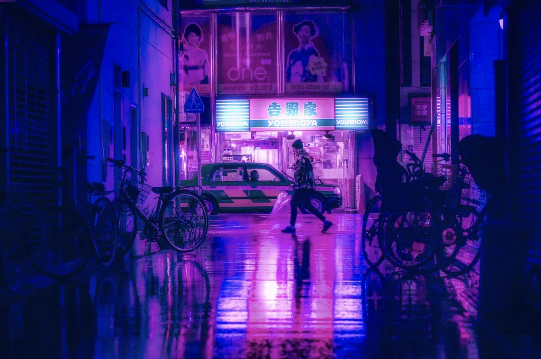 Neon-Gasse, Fahrräder, Japan, Lila, Nacht, HD, Desktop-Hintergrund für Windows