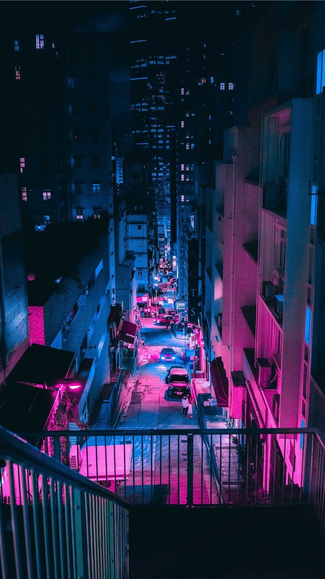 Treppen, Neonlicht, Stadt, Türkis und Pink, Full HD, Sperrbildschirm fürs iPhone