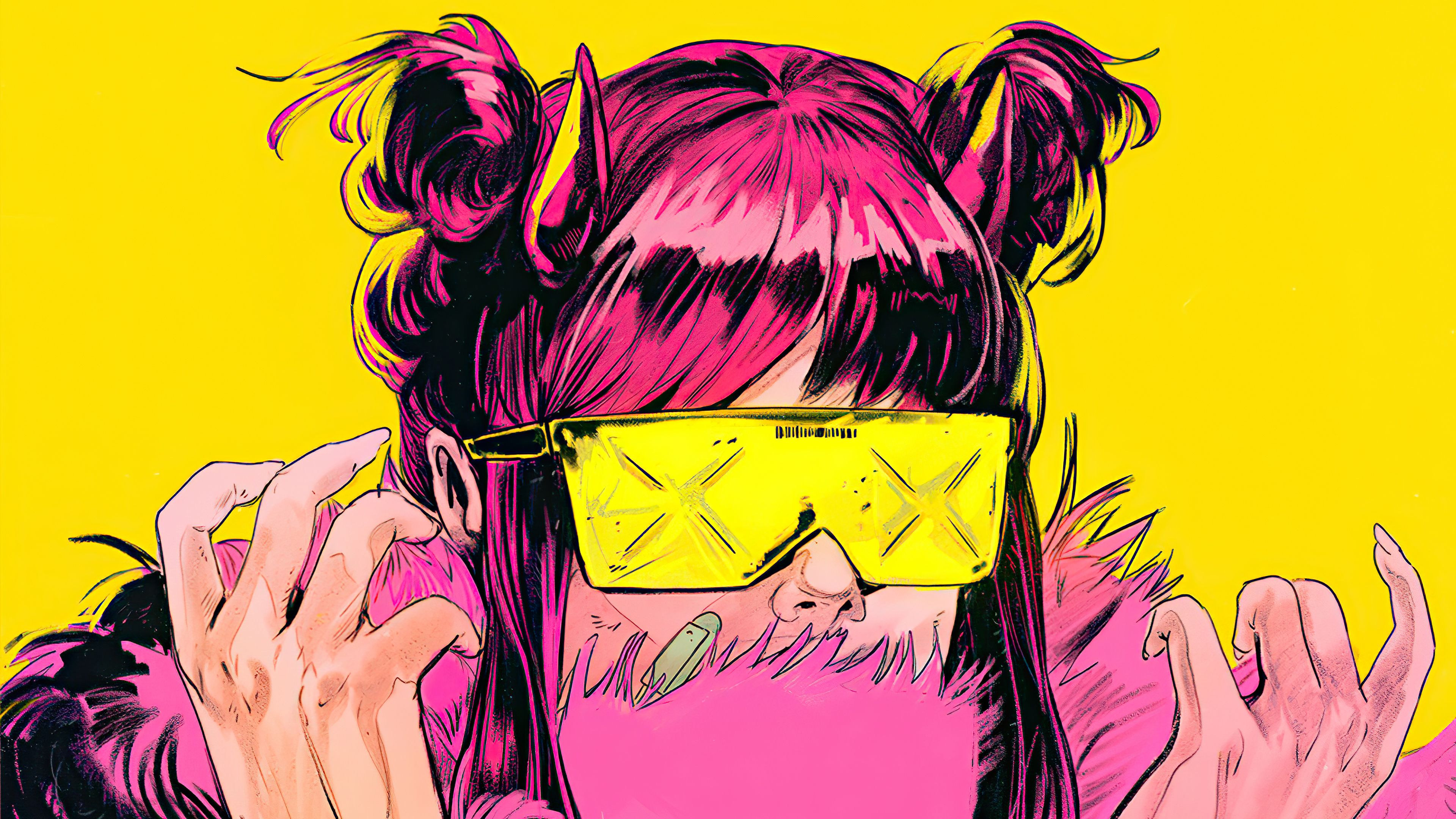 Cyberpunk-Mädchen, Gelbe Brille, Anime-Stil, Gelber Hintergrund, Pink, 4K Wallpaper