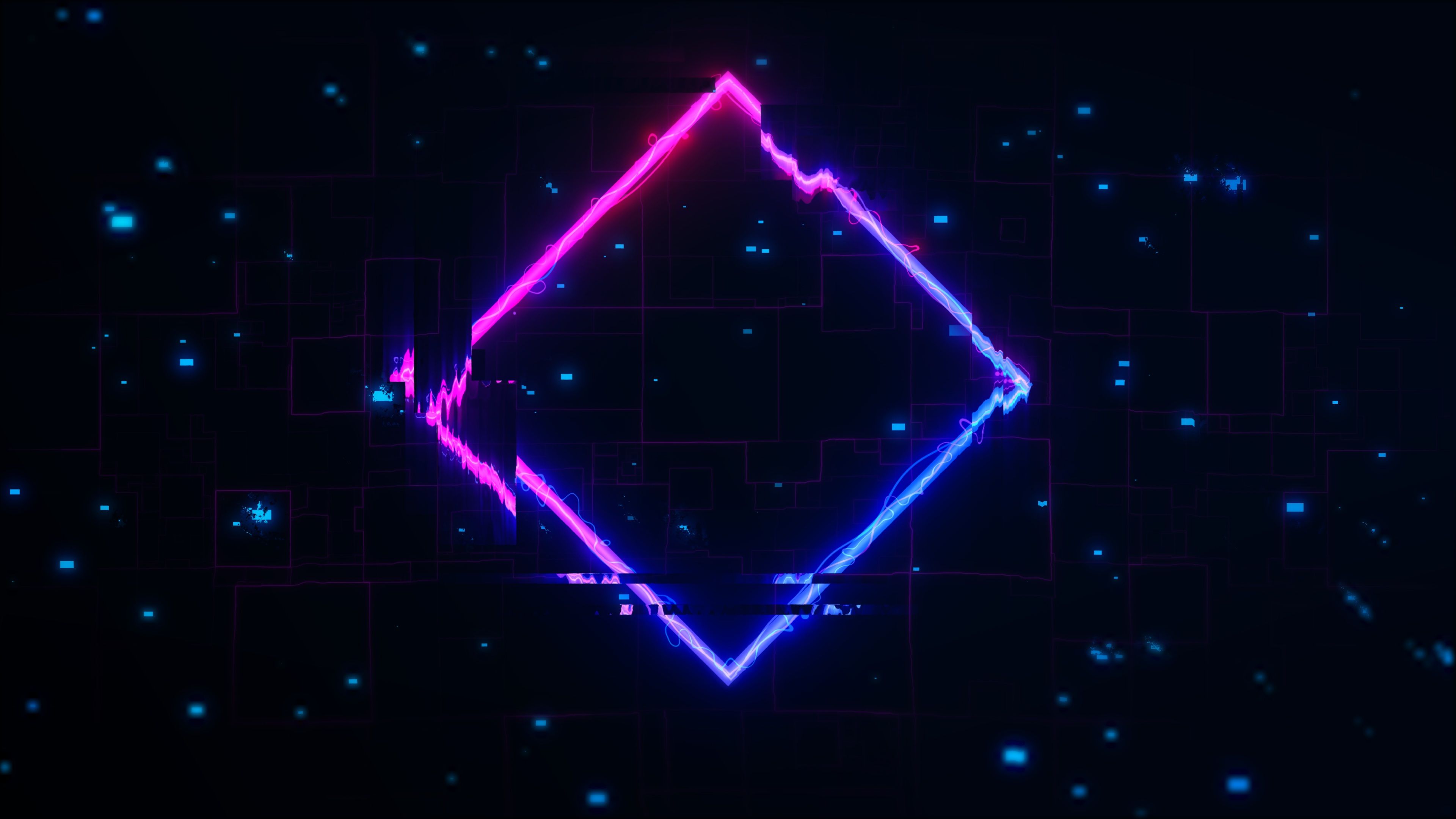 Neon-Raute, Glitch-Effekt, Pink und Blau, Dunkel, 3840x2160, 4K-Hintergrundbild für PC