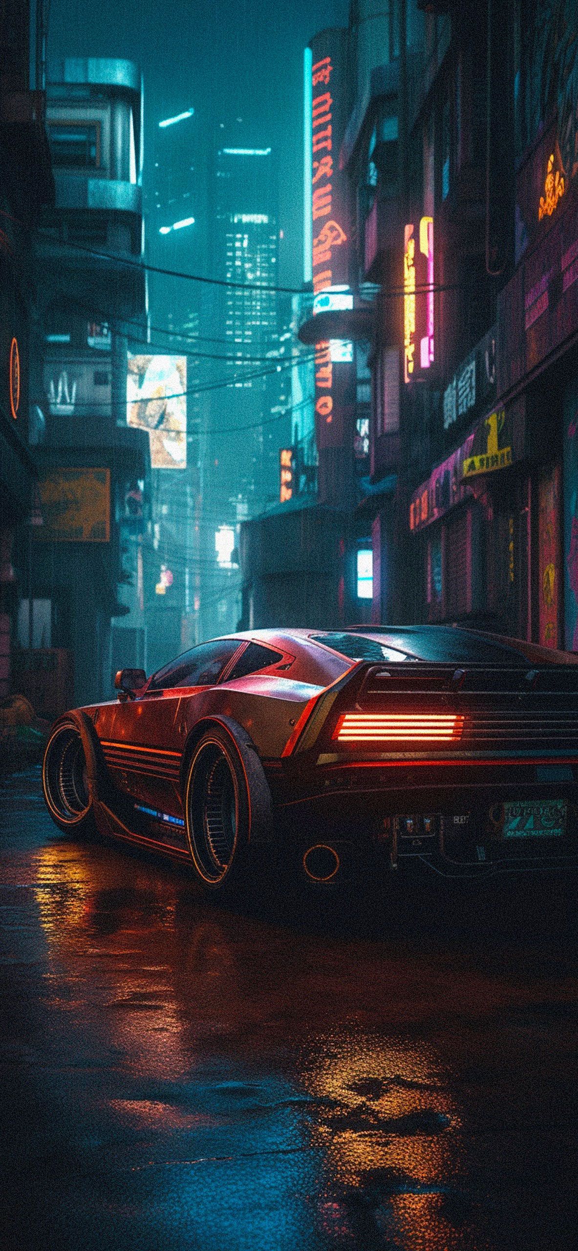 Nachtstadt, Neonlicht, Regennasse Straße, Cyberpunk, Türkis, Hintergrundbild fürs Handy