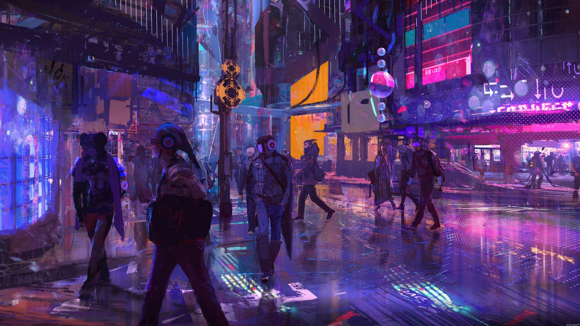 Cyberpunk-Straße, Menschenmenge, Regen, Neonlicht, Nacht, Full HD, Desktop-Hintergrund