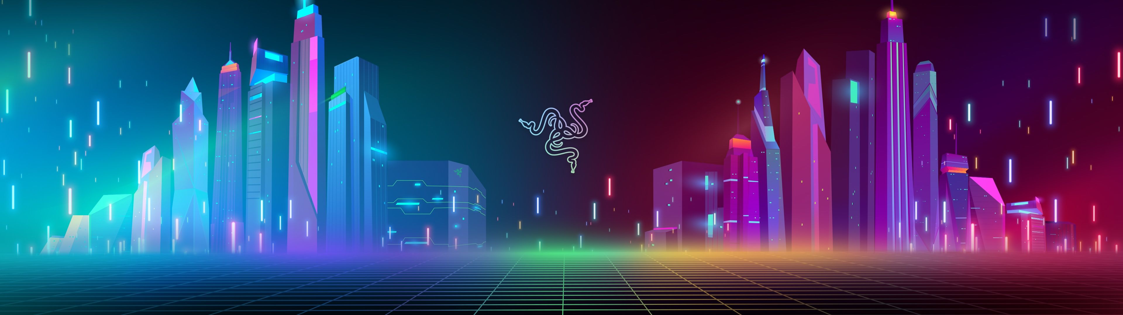 Razer, Logo, Neon-Skyline, Synthwave, Türkis und Pink, 32:9, Full-HD-Hintergrundbild für den Desktop