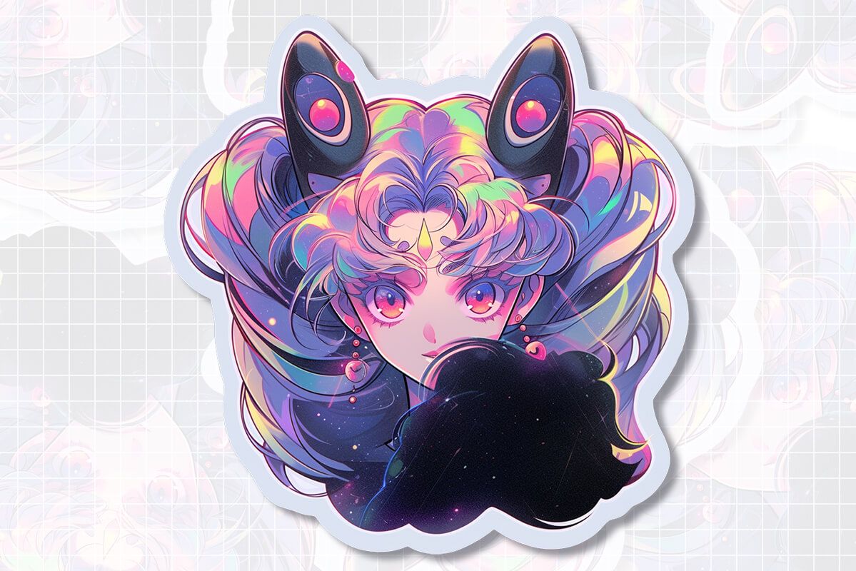 Anime-Mädchen, Katzenohren, Holografisch, Sticker, Pastell, Hintergrund
