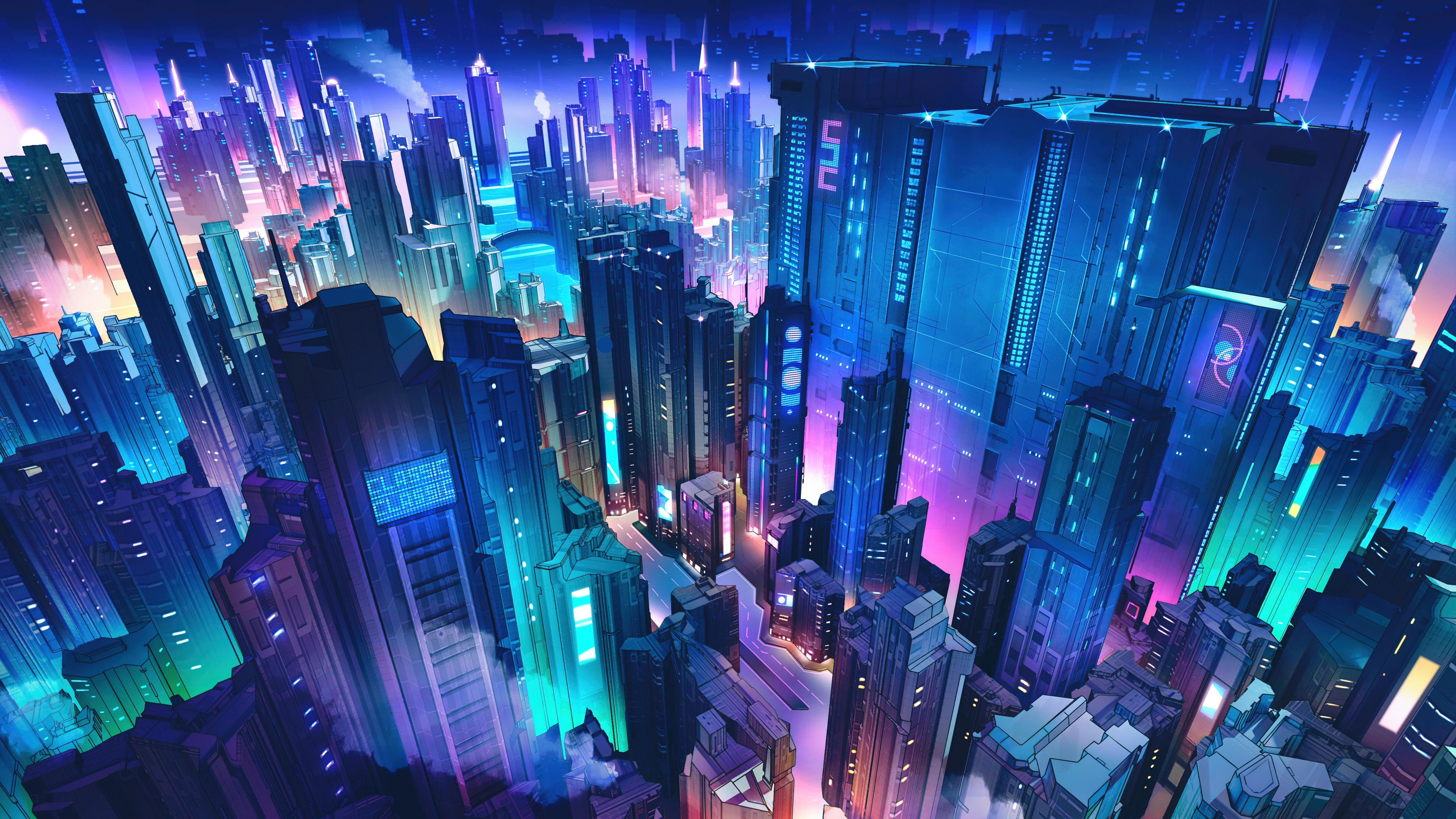Futuristische Stadt, Wolkenkratzer, Neonlichter, Vogelperspektive, Digital Art, 4K-Hintergrund