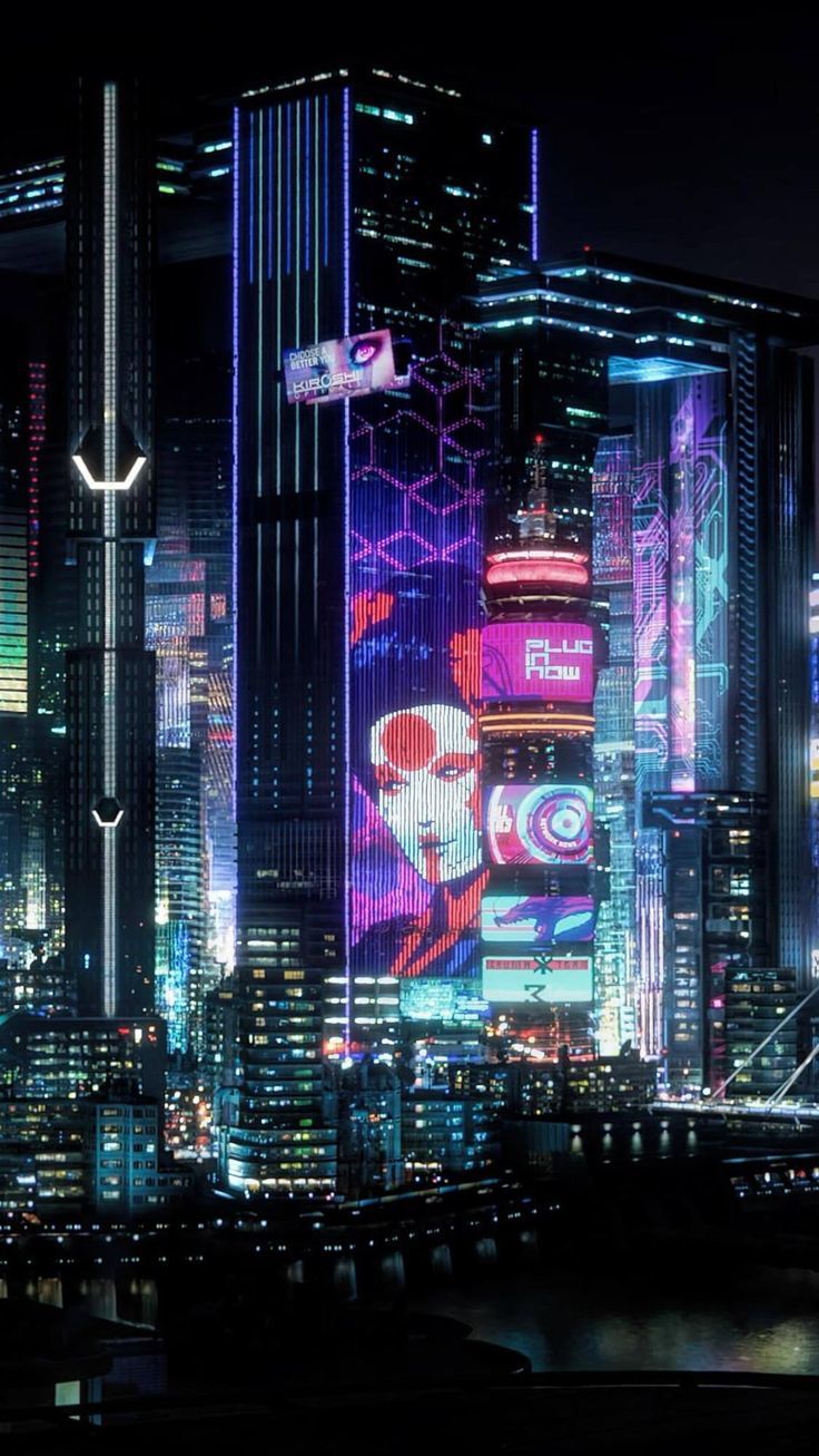 Skyline, Neonreklame, Hochhäuser, Nacht, Cyberpunk, HD, Sperrbildschirm fürs iPhone