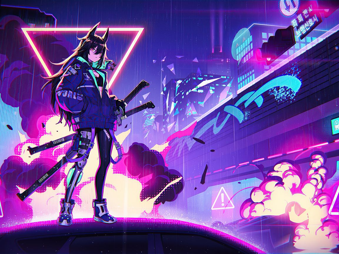 Anime-Kriegerin, Katana, Neon-Dreieck, Pink und Lila, Cyberpunk, Hintergrundbild fürs iPad