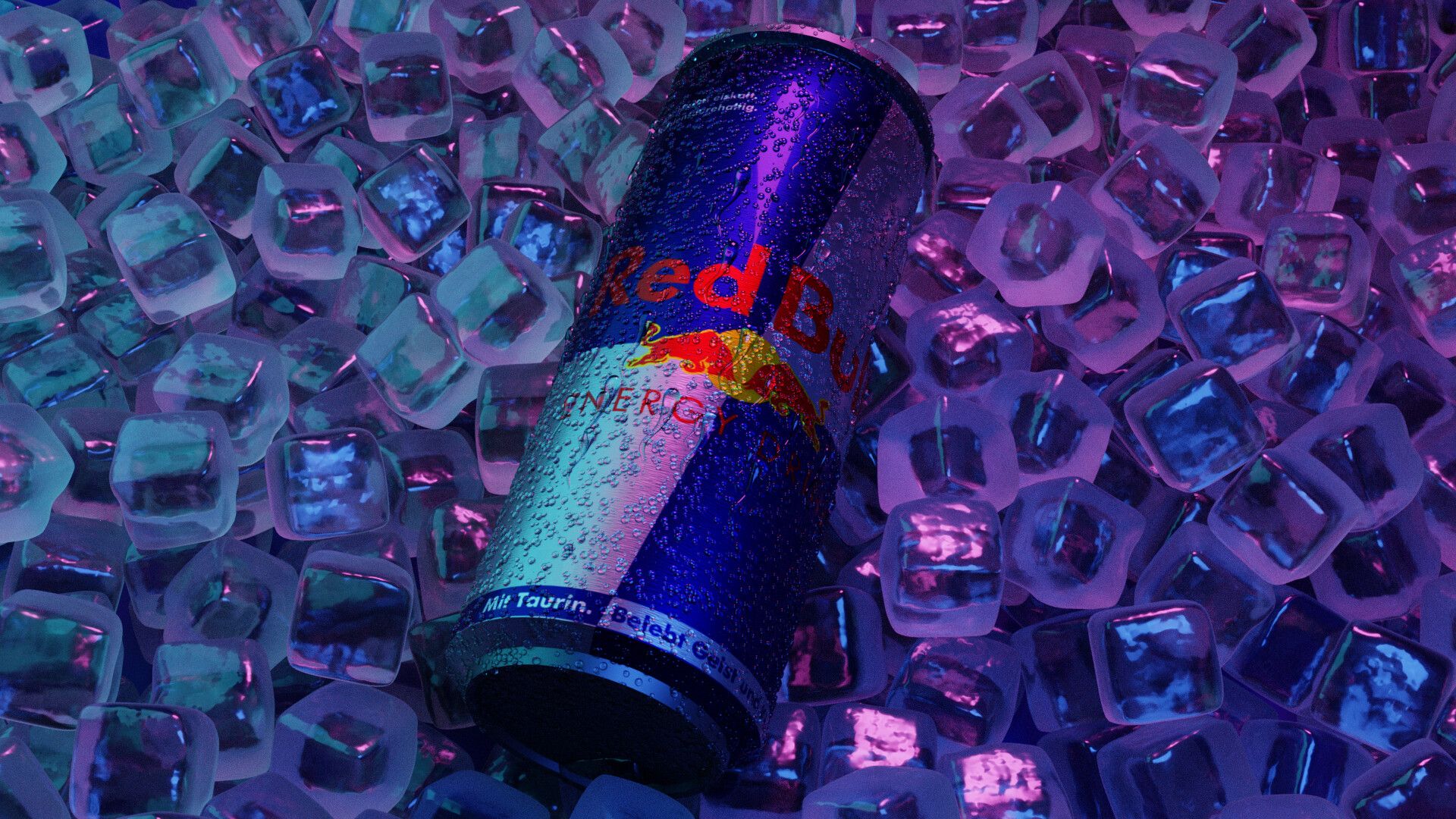 Red Bull, Getränkedose, Eiswürfel, Lila Licht, Kondenswasser, Full HD, Desktop-Hintergrund