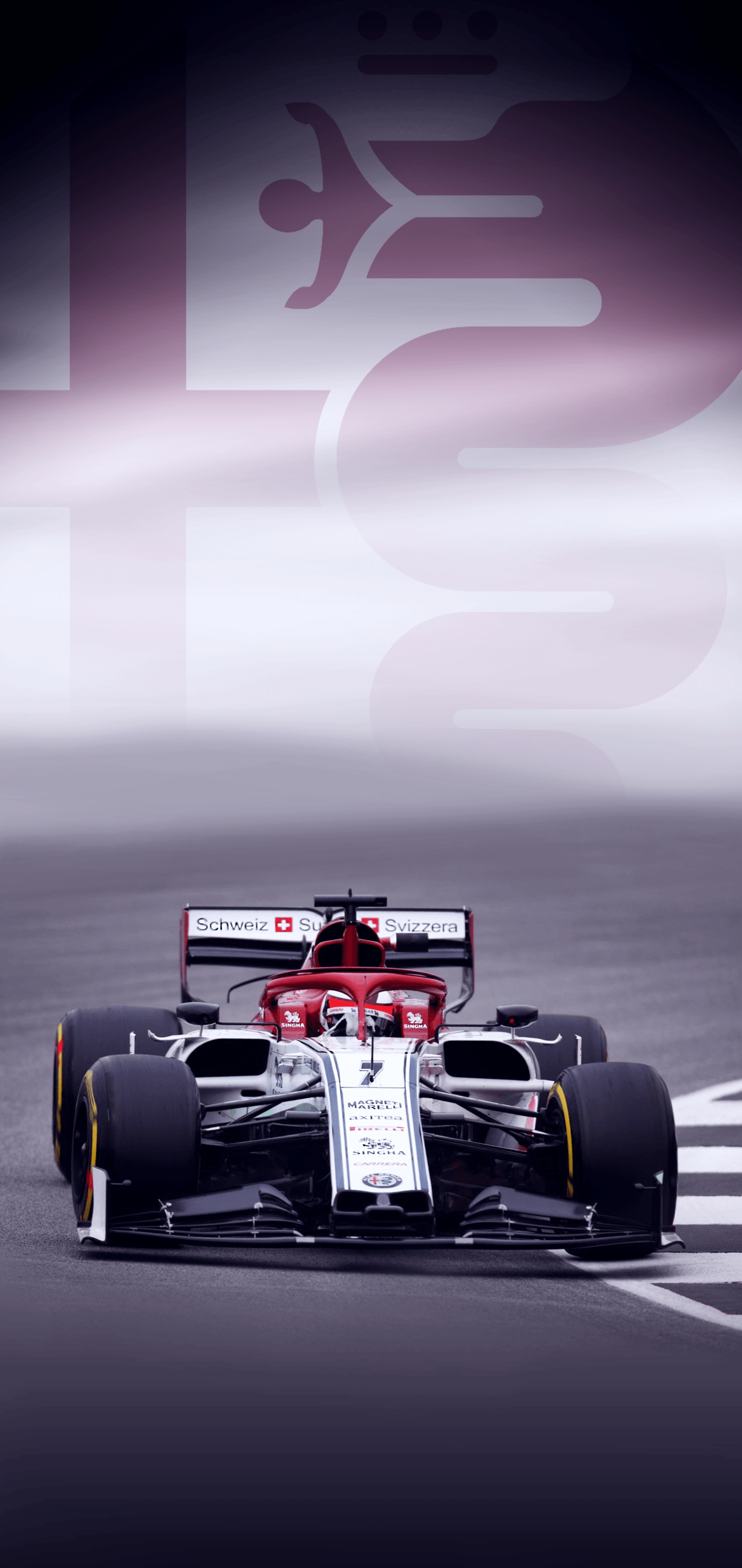 Alfa Romeo Racing, Formel-1-Wagen, Startnummer 7, Lila, Hochformat, Hintergrundbild fürs Handy