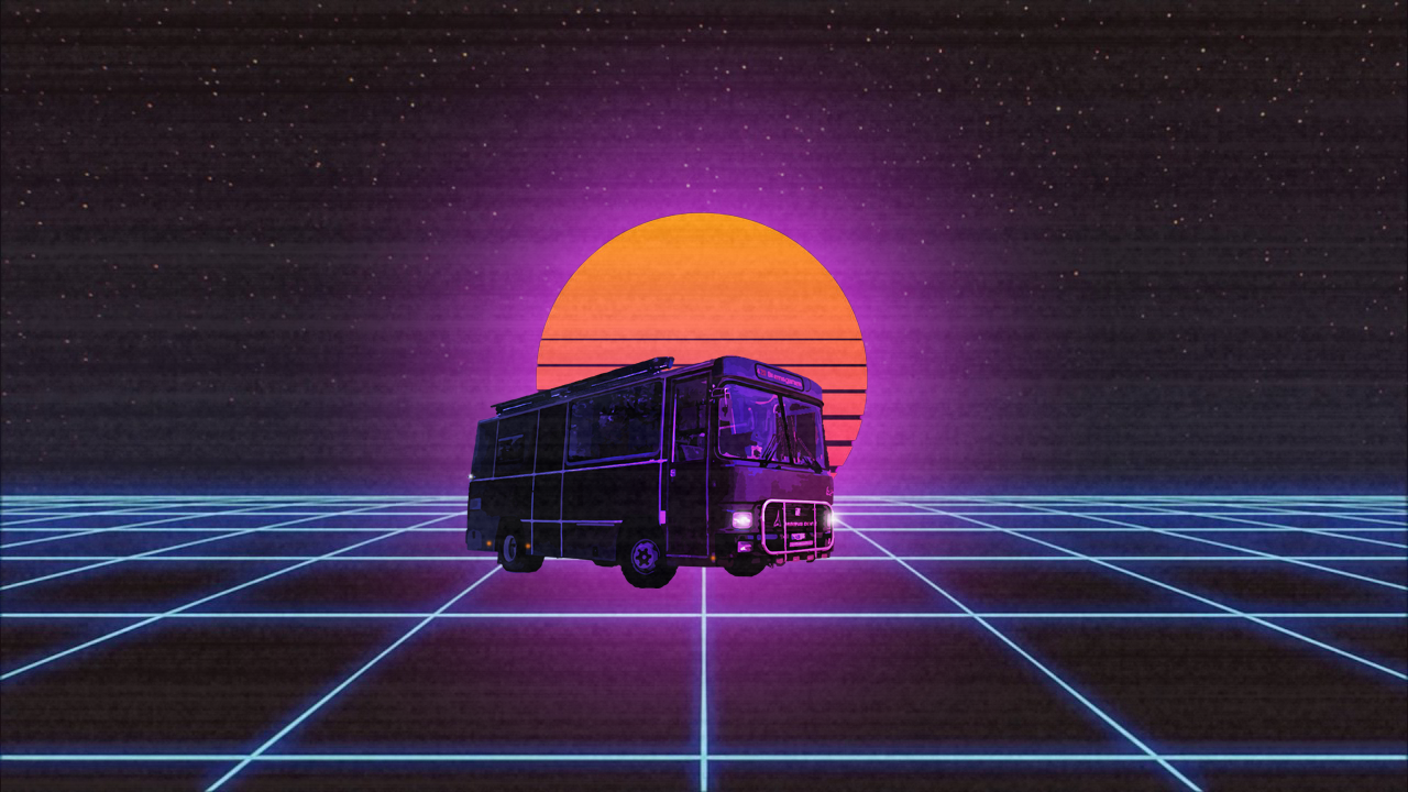 Synthwave, Feuerwehrauto, Retro-Sonne, Neon-Gitter, 80er-Jahre, HD, Breitbild-Hintergrundbild