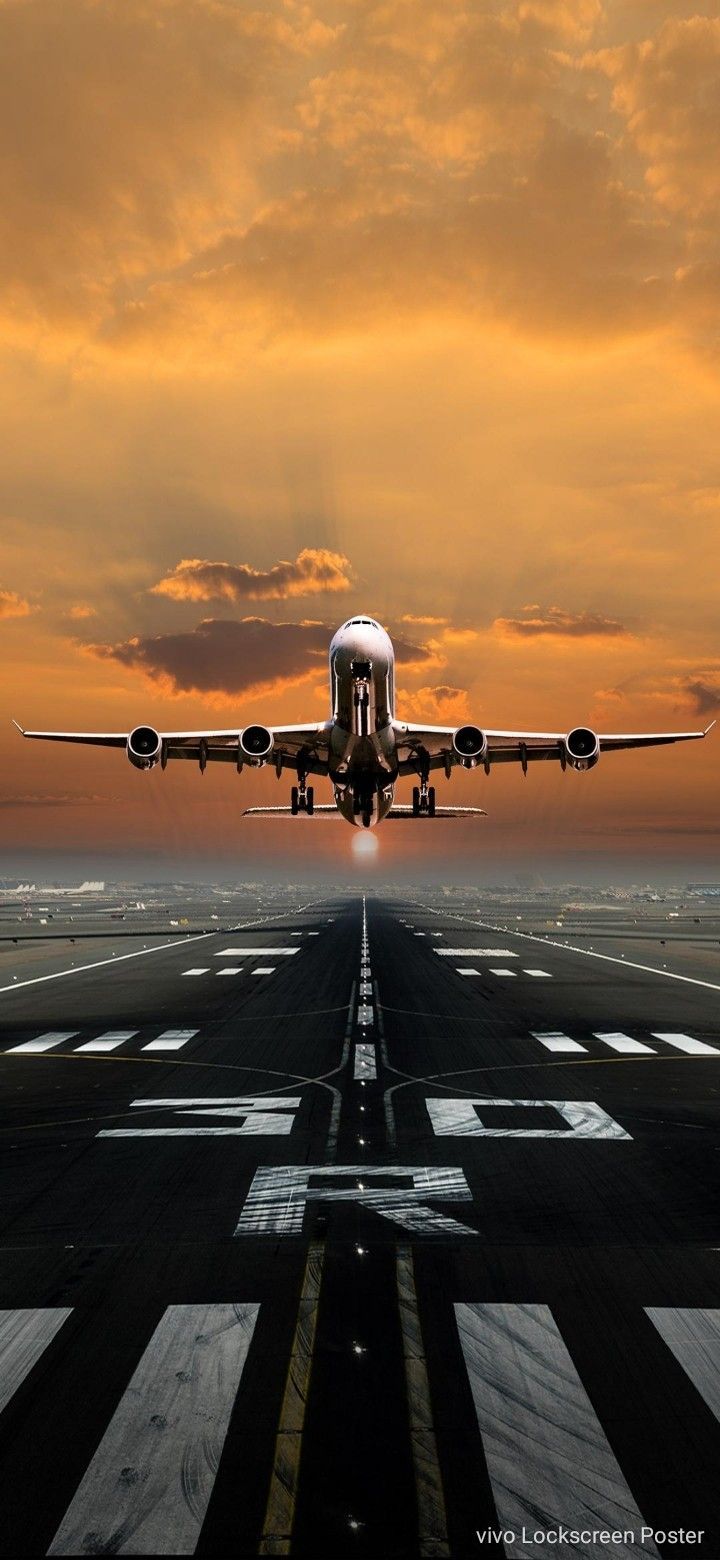 Verkehrsflugzeug, Start, Startbahn, Goldener Himmel, Hochformat, Sperrbildschirm fürs iPhone