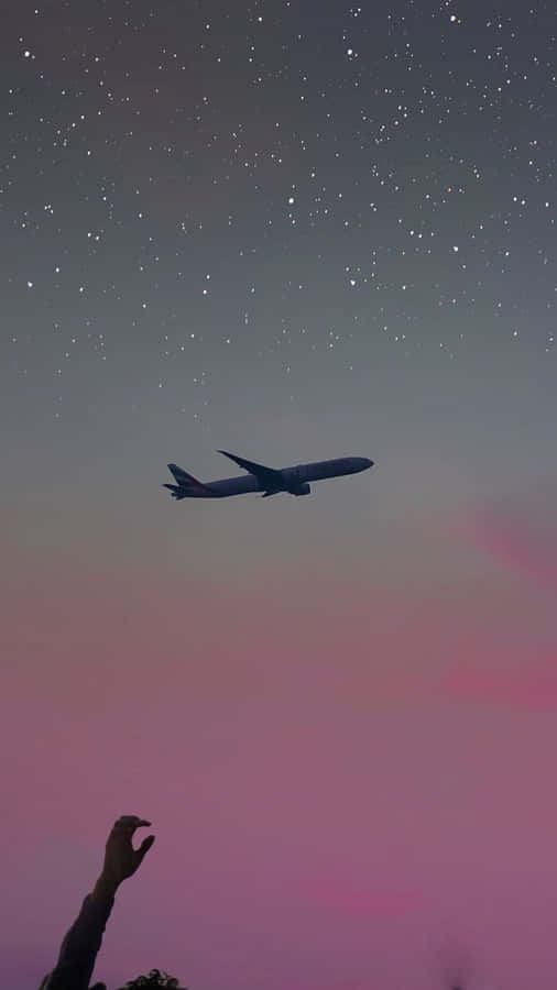Flugzeug, Sternenhimmel, Silhouette, Rosa Dämmerung, Hochformat, Hintergrundbild fürs Handy