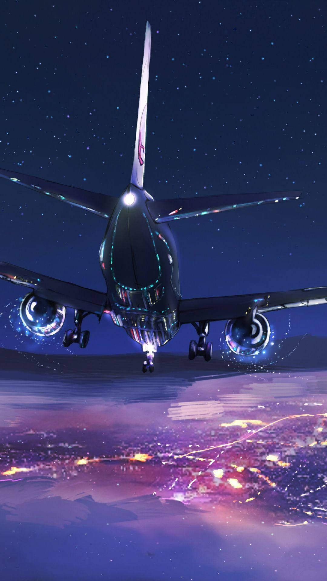 Jet, Nachthimmel, Sterne, Stadtlichter, Untersicht, Hochformat, Hintergrundbild fürs Smartphone
