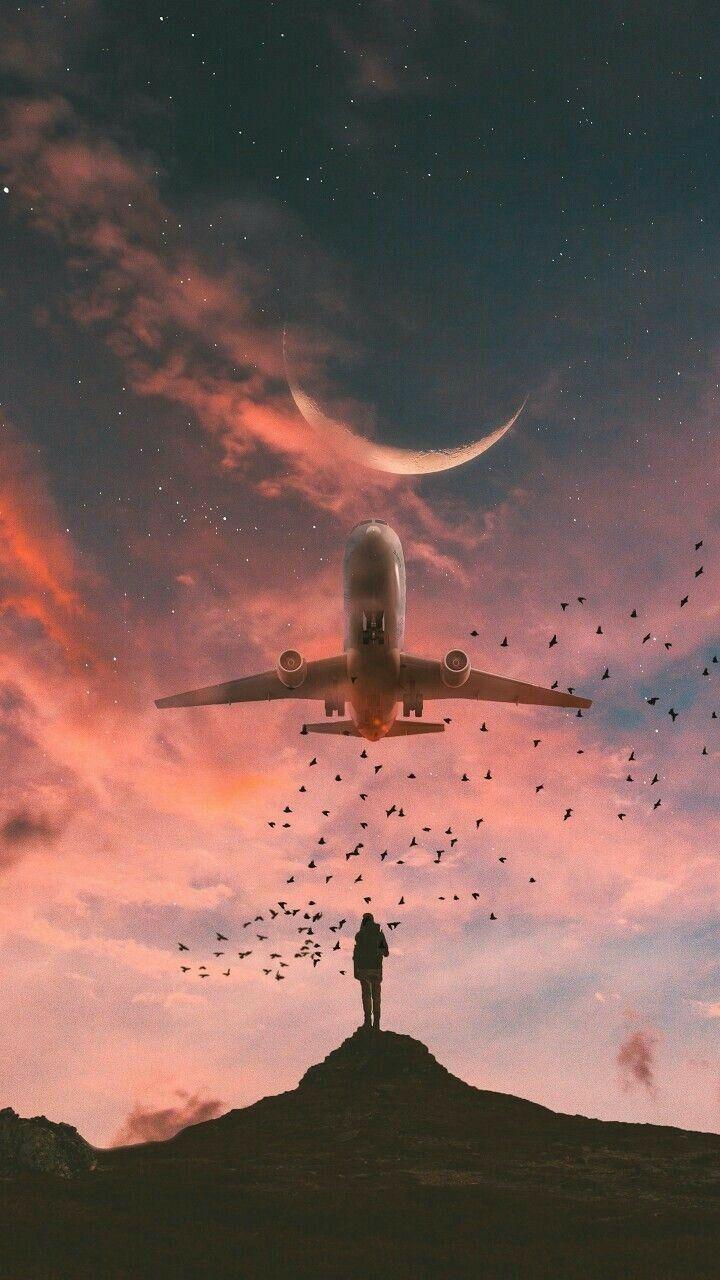 Flugzeug, Surreal, Vogelschwarm, Mondsichel, Silhouette, Berggipfel, HD, Handy-Hintergrund