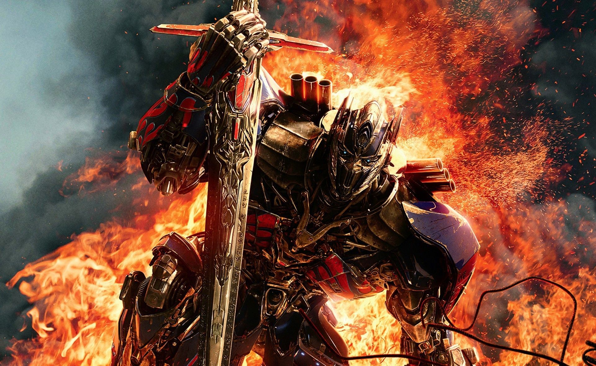 Optimus Prime, Transformers: Ära des Untergangs, Schwert, Flammen, Roboter, Full HD, Laptop-Hintergrundbild